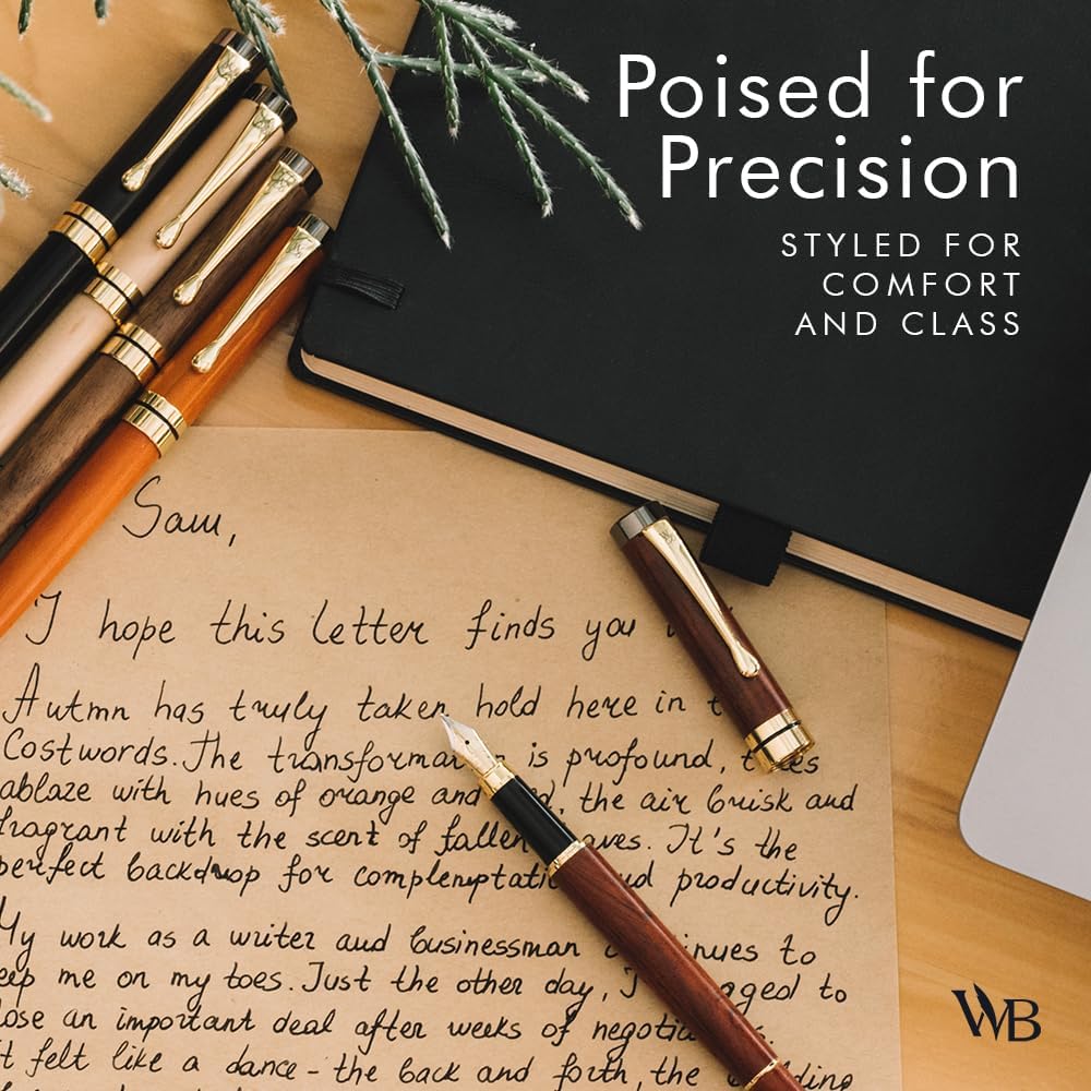 Wordsworth & Black Fountain Pen Set, Luxury Bamboo Wood - Medium Nib, Gift Case; Includes 6 Ink Cartridges, Ink Refill Converter -Journaling, Calligraphy, Drawing, Smooth Writing [Black Wood]