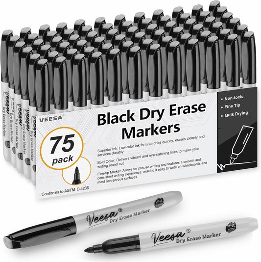VEESA Dry Erase Markers Black, Fine Tip, 75 Count Low-Odor Whiteboard Marker Pens, Back to School Supplies, Office Series