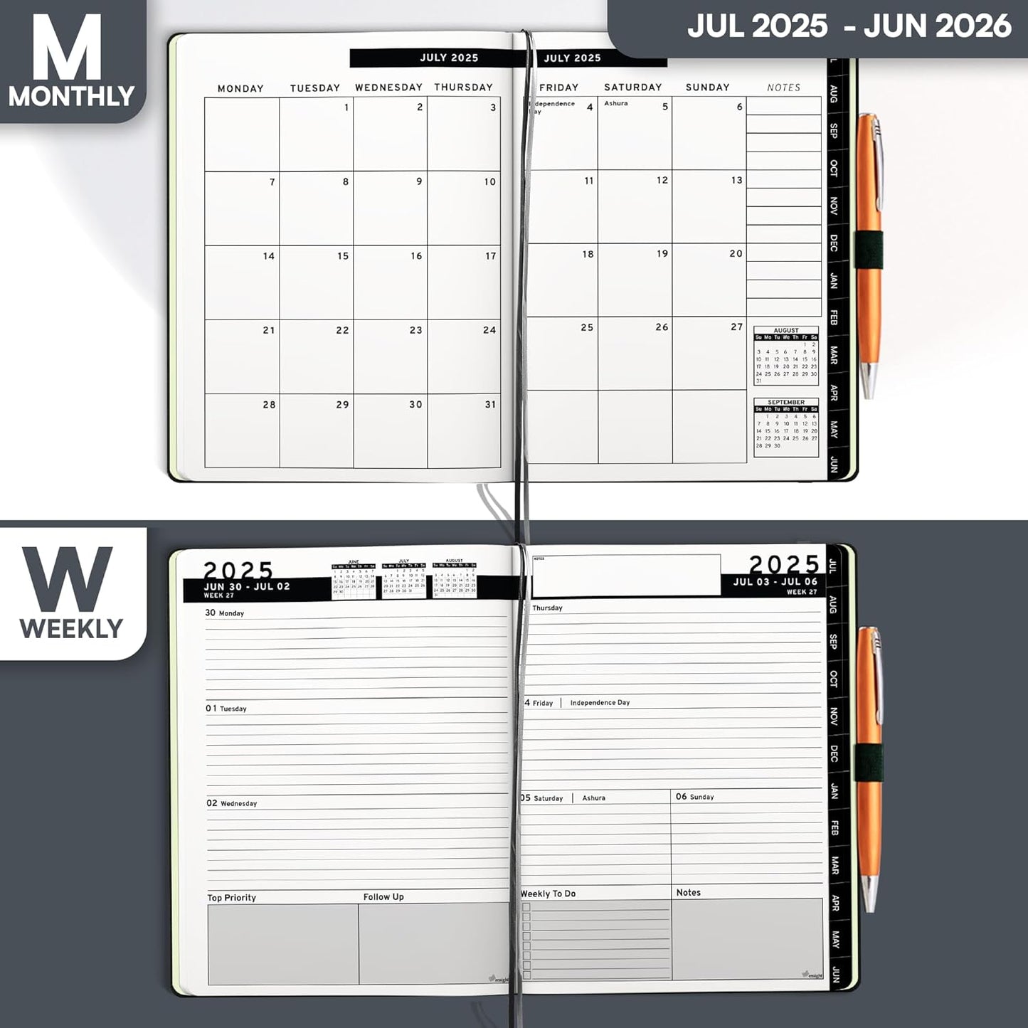 Ensight 2025-2026 HARDCOVER Leather Planner Weekly & Monthly - 6.5x8.5 Inches - Academic Planner Business Personal or Student - Pen Holder, Thick Paper, July 2025 - June 2026 (Black)
