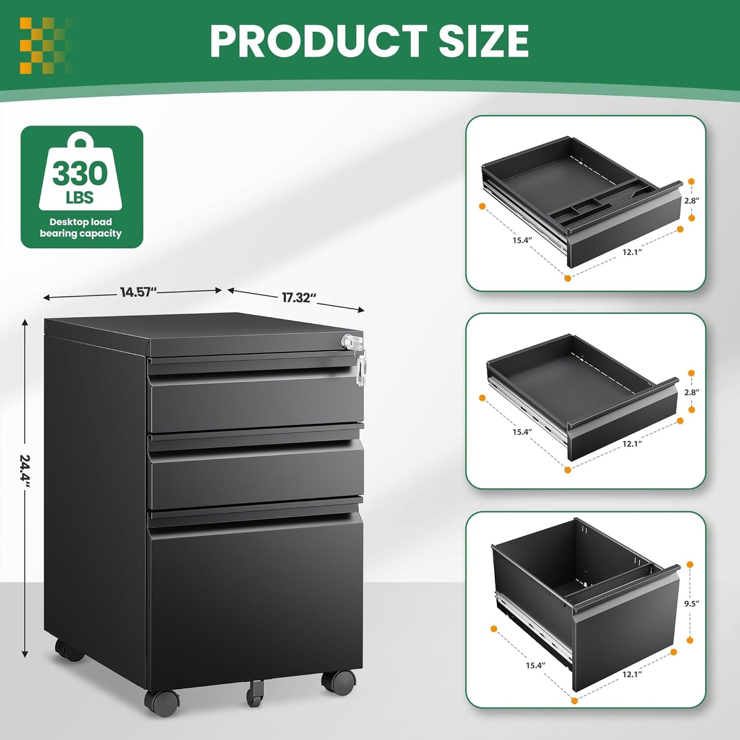 3 Drawer Mobile File Cabinet with Lock,Under Desk Storage Filing Cabinet for Home Office Fits A4 or Letter Size(Unassembled,Black)