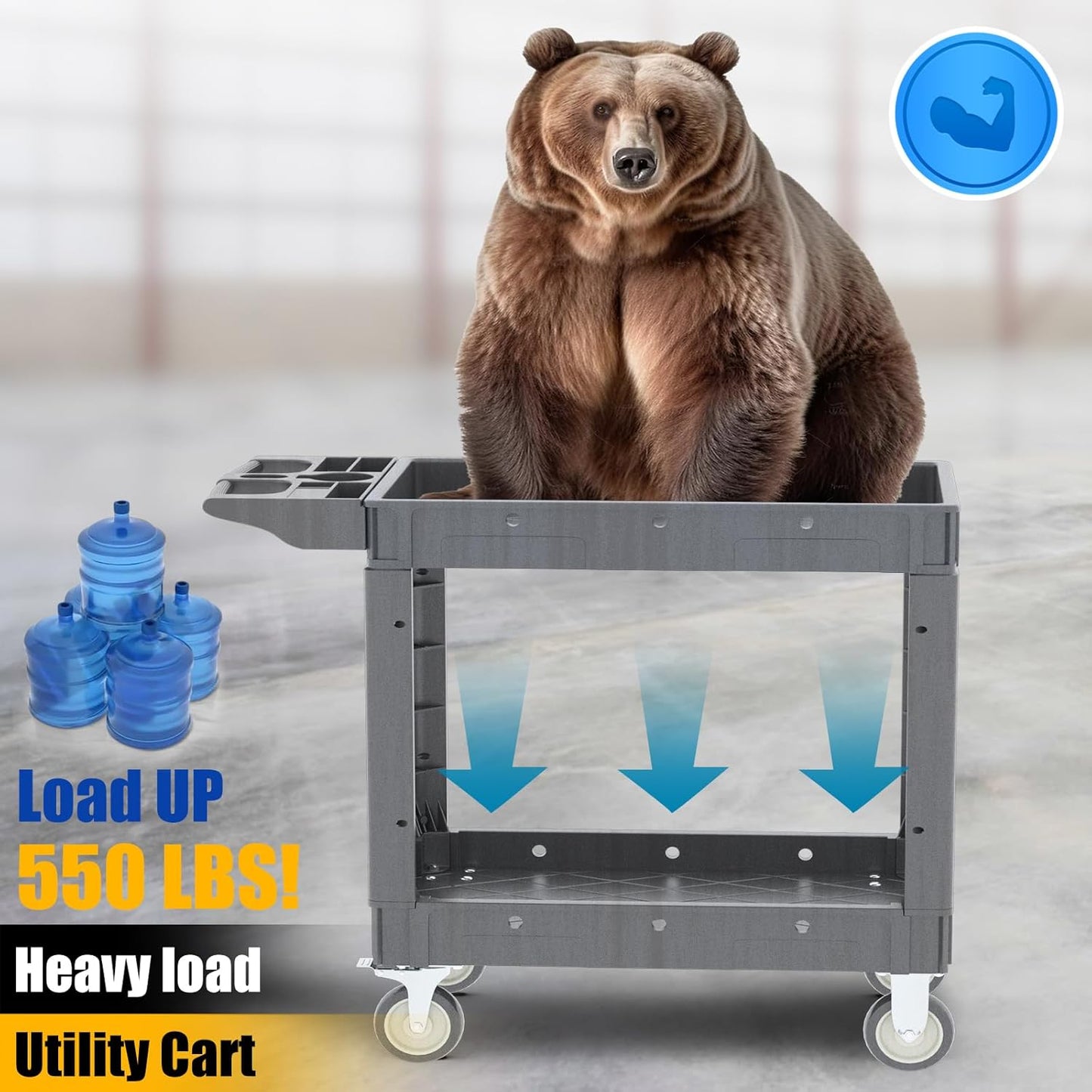 Utility Rolling Tool Cart, 40 x 17-Inch Plastic Rolling Carts, Huge Storage W/Deep 2-Shelf Heavy Duty Service Cart with Wheels, 550 lbs Capacity Organizer for Garage, Warehouse, Workshop