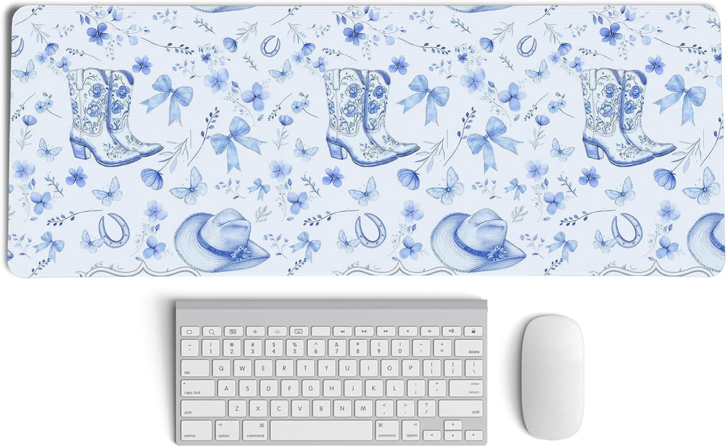 Western Desk Mat,Blue and White Floral Mouse Pad, Blue Chinoiserie Large Mouse Pad, Coquette Girly Cowgirls Desk Mat for Dorm Western Office Decor, 31.5x11.8 Inch