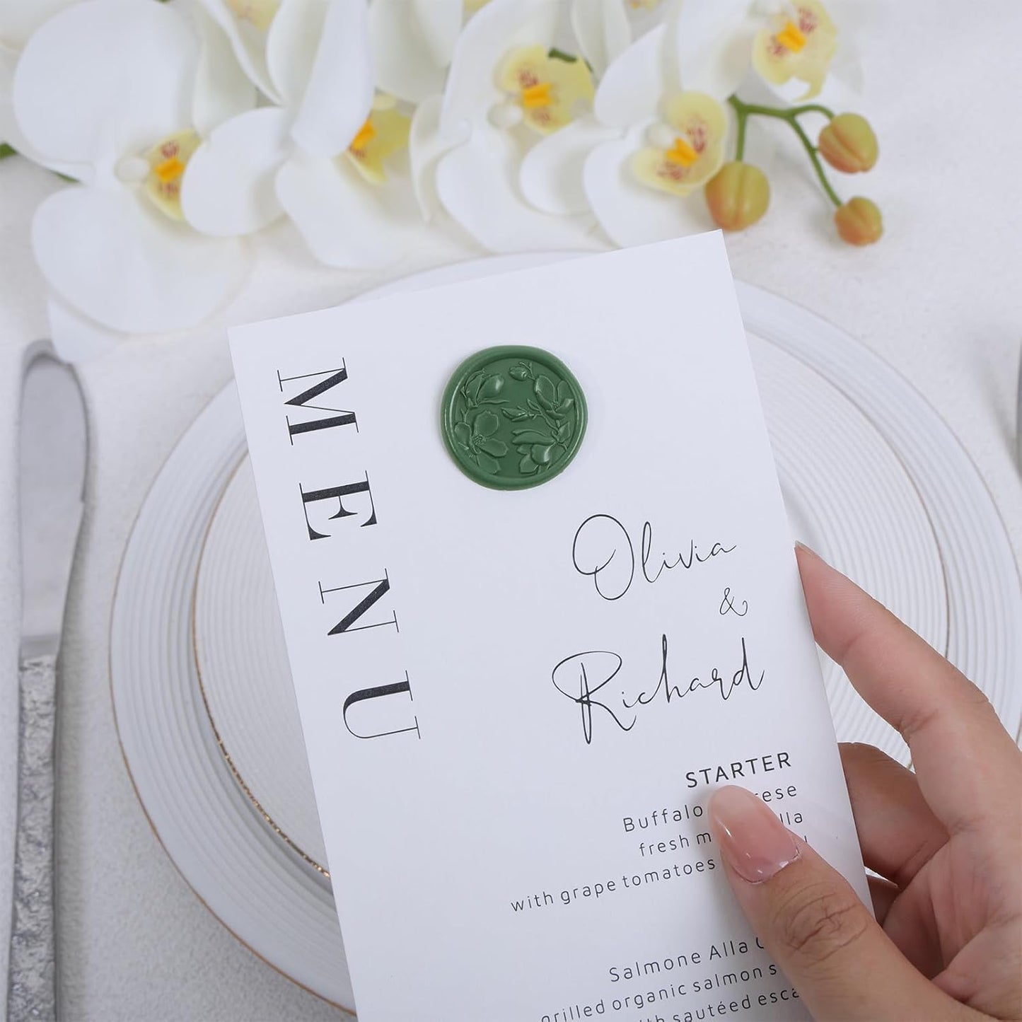 UNIQOOO Wax Seal Stickers - 3D Magnolia Wedding Invitation Envelope Botanical Seal Stickers, 50 Pcs Self- Adhesive Olive Green Sticker, Perfect for Invitation, Christmas, Gift Wrapping, Party