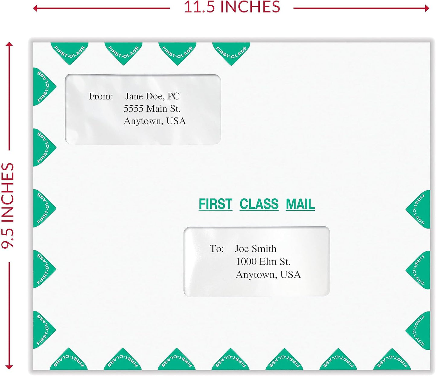 First Class Double Window Envelope | Tax Mailer, Landscape, White/Green, Moisture-Seal, 9-1/2" x 11-1/2", Pack of 50