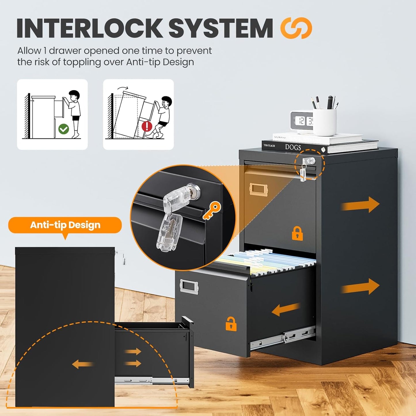 2 Drawer File Cabinet with Lock, Metal Filing Cabinets for Home Office, Vertical Black Small File Caninet, Steel Narrow Two Drawer File Cabnet for Letter/Legal / A4 / B4 - Assembly Required