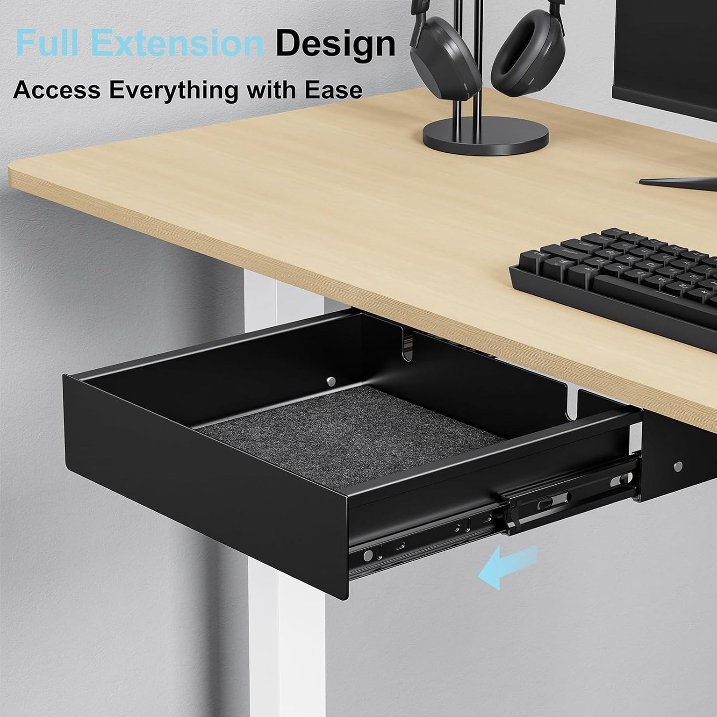 Under Desk Drawer, Pull-Out Storage Organizer with Full Extension Ball-Bearing Slides, Carbon Steel Undermount Drawer for Home Office Standing Desk, 11.9 inch,Black