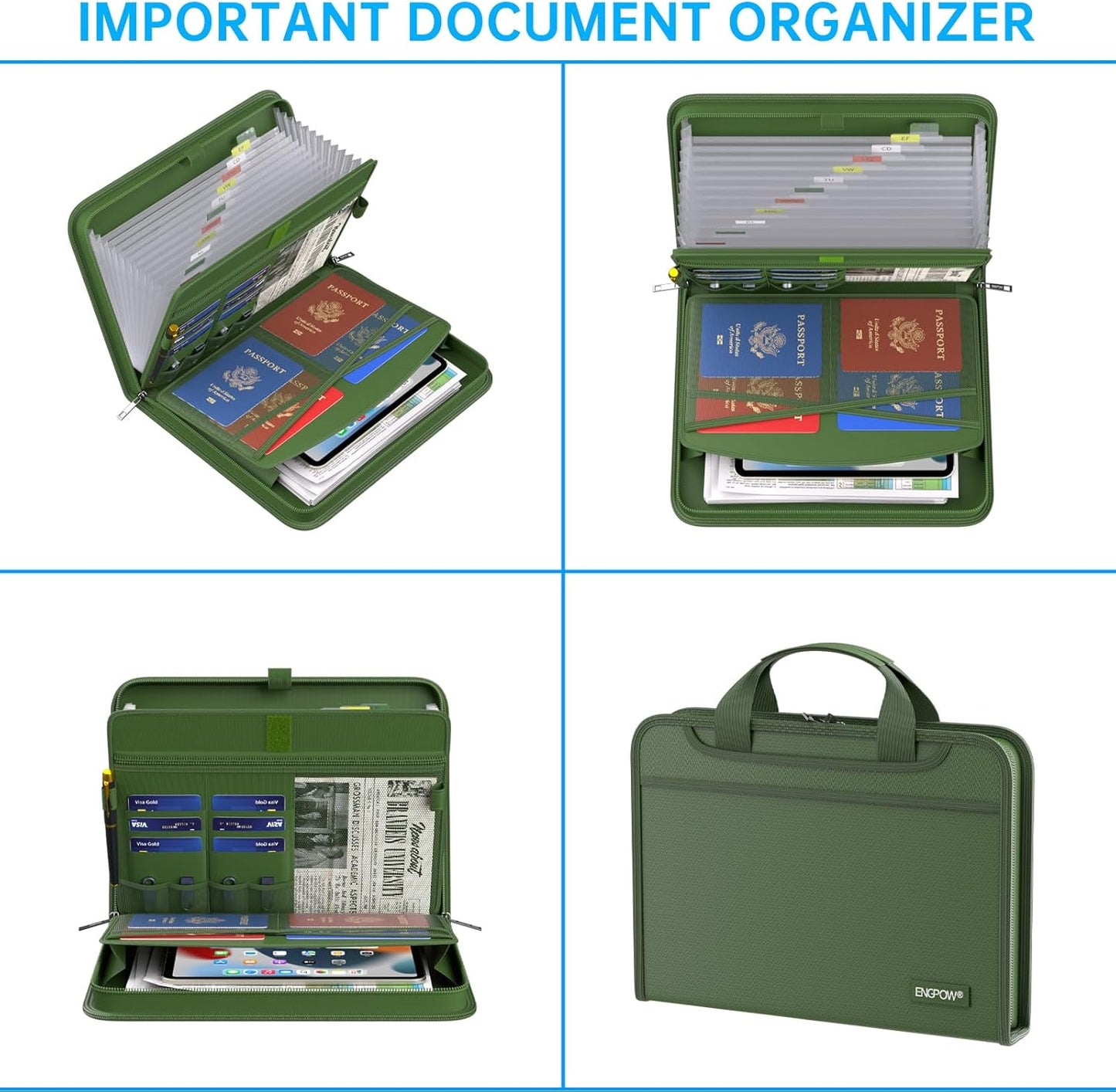 ENGPOW Accordion File Organizer,Fireproof Expanding File Folder with Multi Pockets,13 Pockets Document Organizer with Handle & Labels,Portable Home Travel Safe Storage for Letter A4 Files,Green