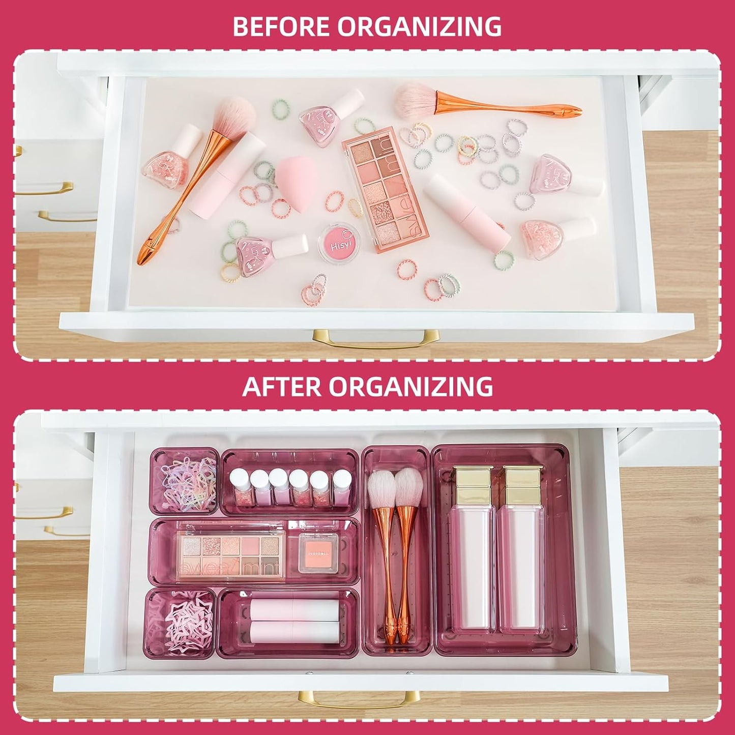 Kitchen Desk Drawer Organizers Storage for Office, Small Acrylic Vanity Trays Makeup for Drawer Bathroom Plastic Make up Organizers 25 Pcs Burgundy