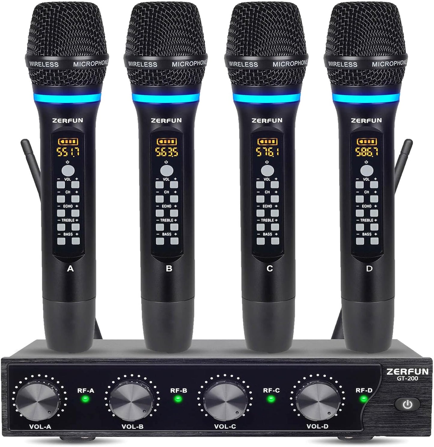 Rechargeable Wireless Microphone System 4 Channel Pro, UHF Metal Handheld Wireless Mics Cordless for Church Karaoke Singing with Echo Treble BASS VOL Channel Control(GT-200)