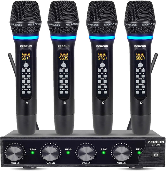 Rechargeable Wireless Microphone System 4 Channel Pro, UHF Metal Handheld Wireless Mics Cordless for Church Karaoke Singing with Echo Treble BASS VOL Channel Control(GT-200)
