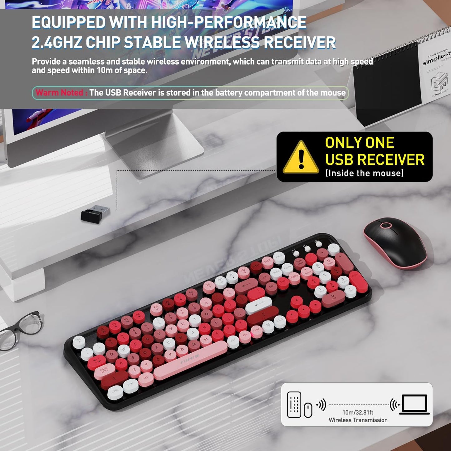 FOPETT 2.4GHz Wireless Keyboard and Mouse Set with Switch Button - Full-Size Keyboard - Compatible for Windows/Laptop/PC/Notebook/Smart TV and More - Black Colorful