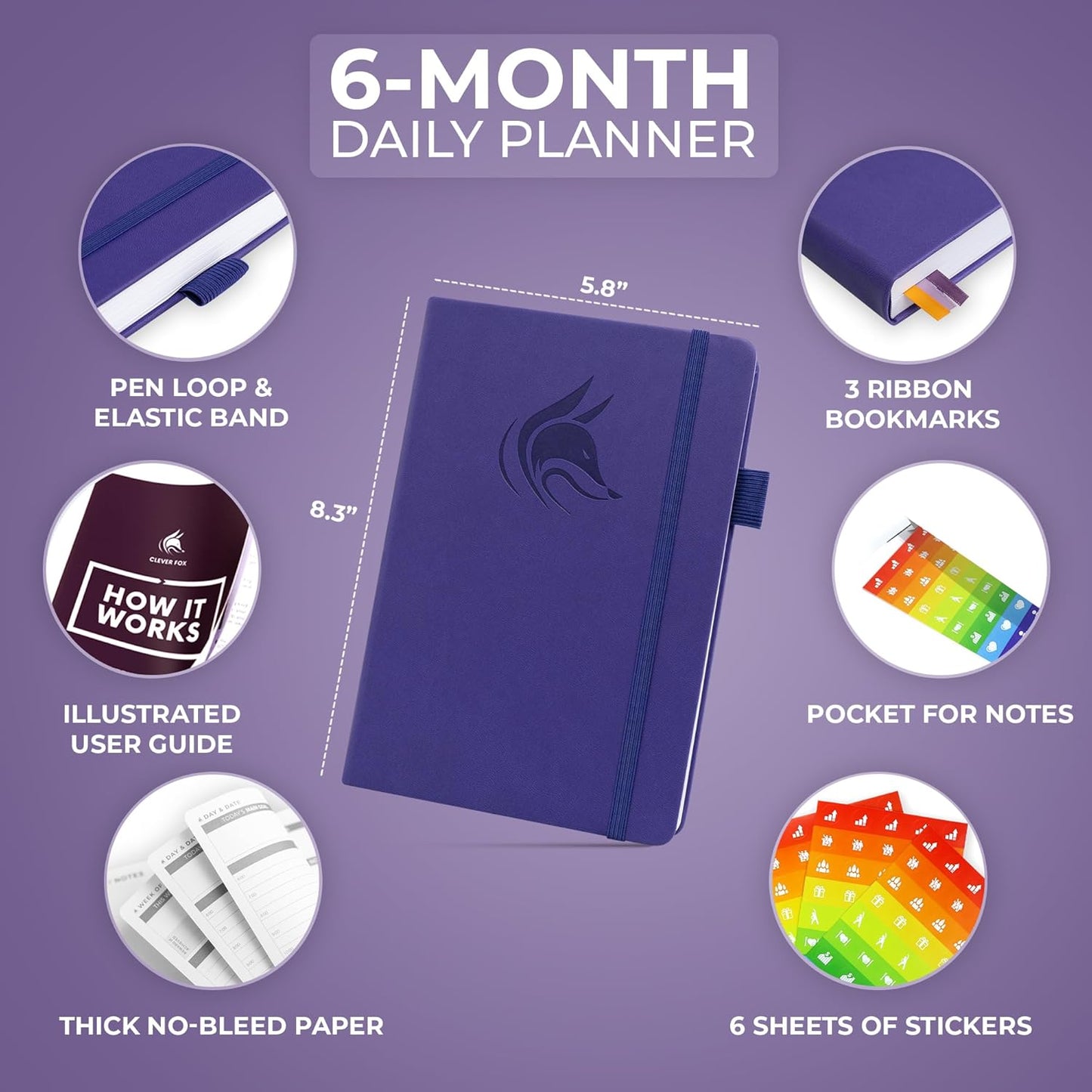 Clever Fox Daily Planner – Undated Planning Notebook with Hourly Schedule & To-Do List – Personal Day Task & Work Organizer, 6 Months (Purple)