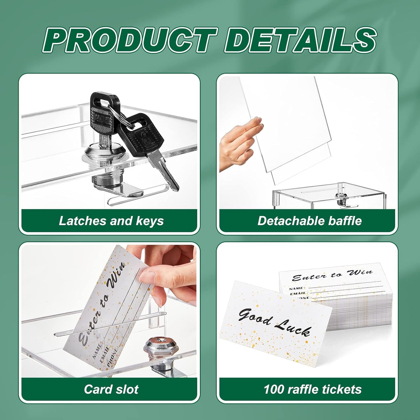 Teling Tall Acrylic Donation Box with Lock and Sign Plate Safe Suggestion Box with 100pcs Raffle Tickets Cards for Raffle, Money, Voting, Charity, Suggestion (Transparent, 6.7 x 5 x 8 Inch)