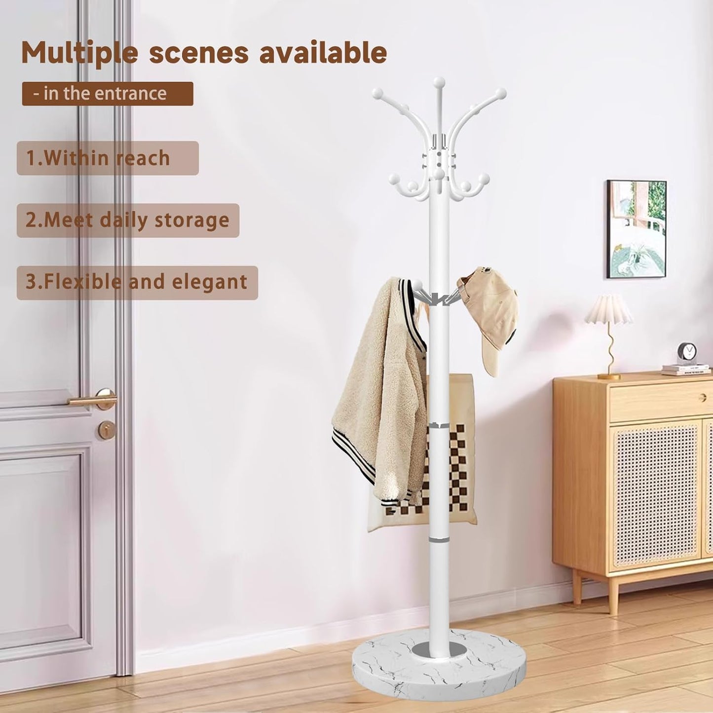 Metal Coat Rack Stand with Natural Marble Base, Modern Coat Rack Freestanding, 360°Rotary Coat Racks with 14 Hooks, Heavy Duty Coat Hall Tree Hanger Stand for Entryway, Office