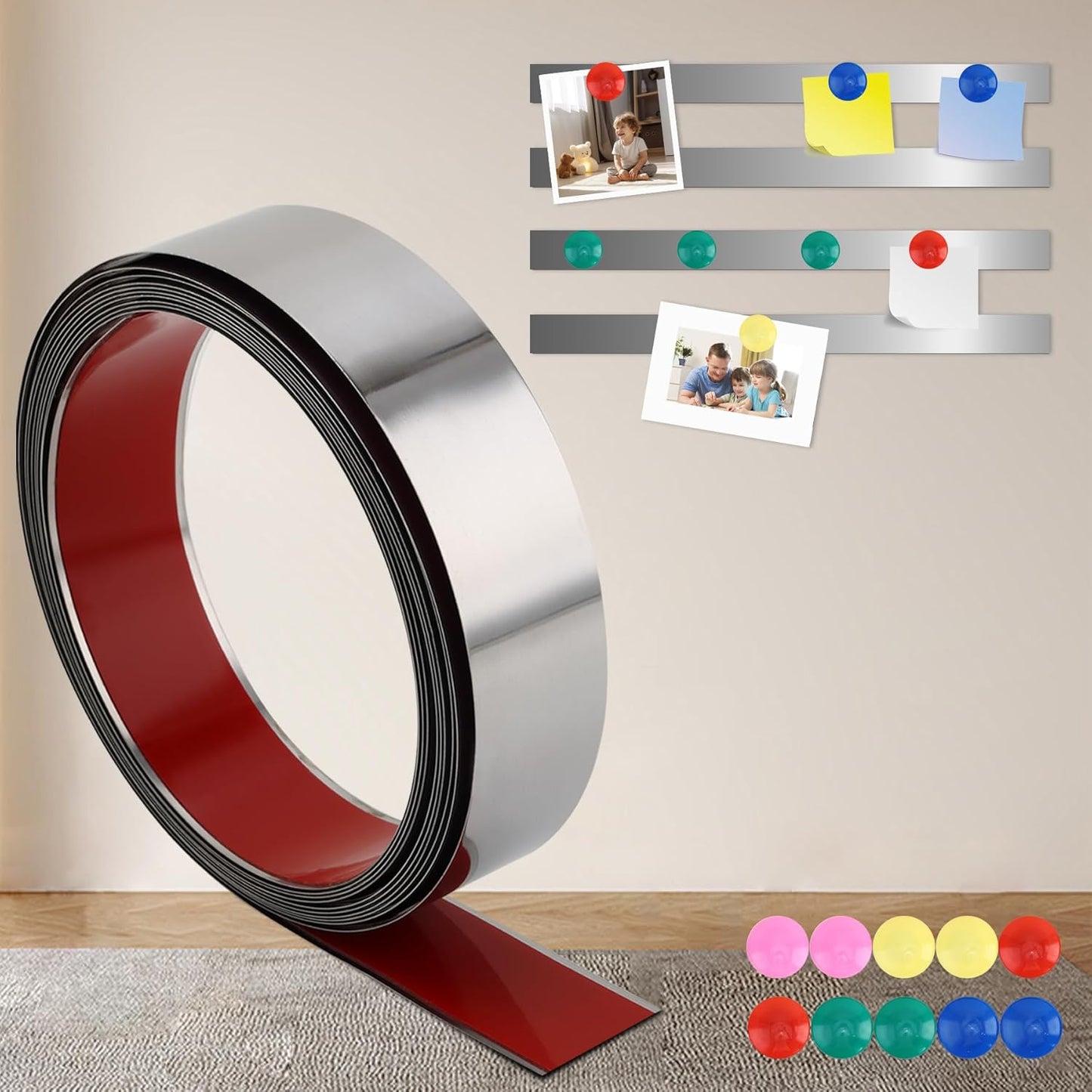 Self Adhesive Backing Metal Strip for Magnets, Flexible Ferrous Memo Tapes Roll for Bulletin Boards in Studio, Office, School (Glossy Silver, 118''L x 1.57''W, Contains 30 Magnets)