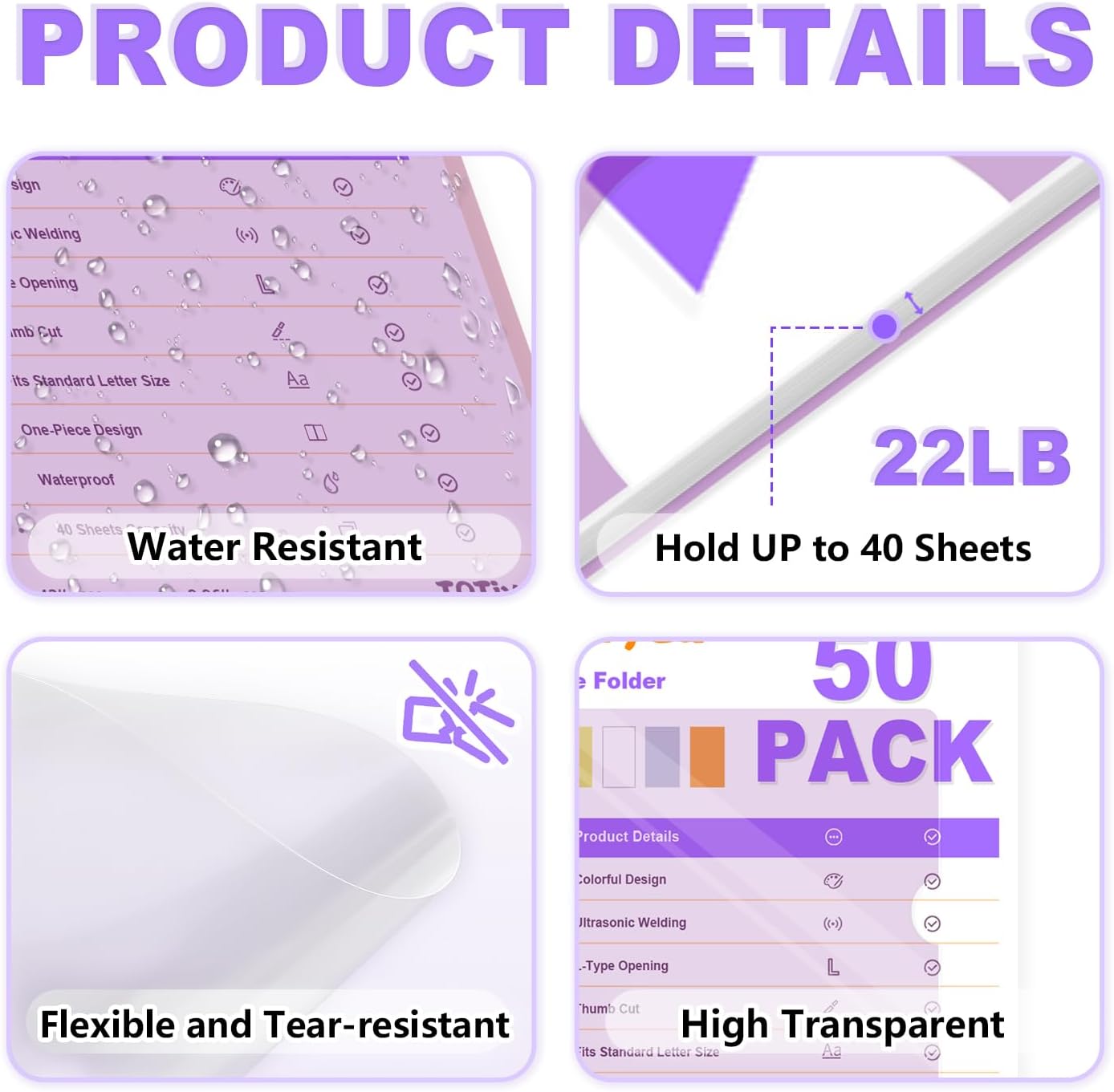 TOTiyea 50 Pack Clear Folder, Plastic L-Type Folders, Clear Colored Copy Safe Project Pocket, Fits Letter Size 8.5x11 Paper, Assorted Colors