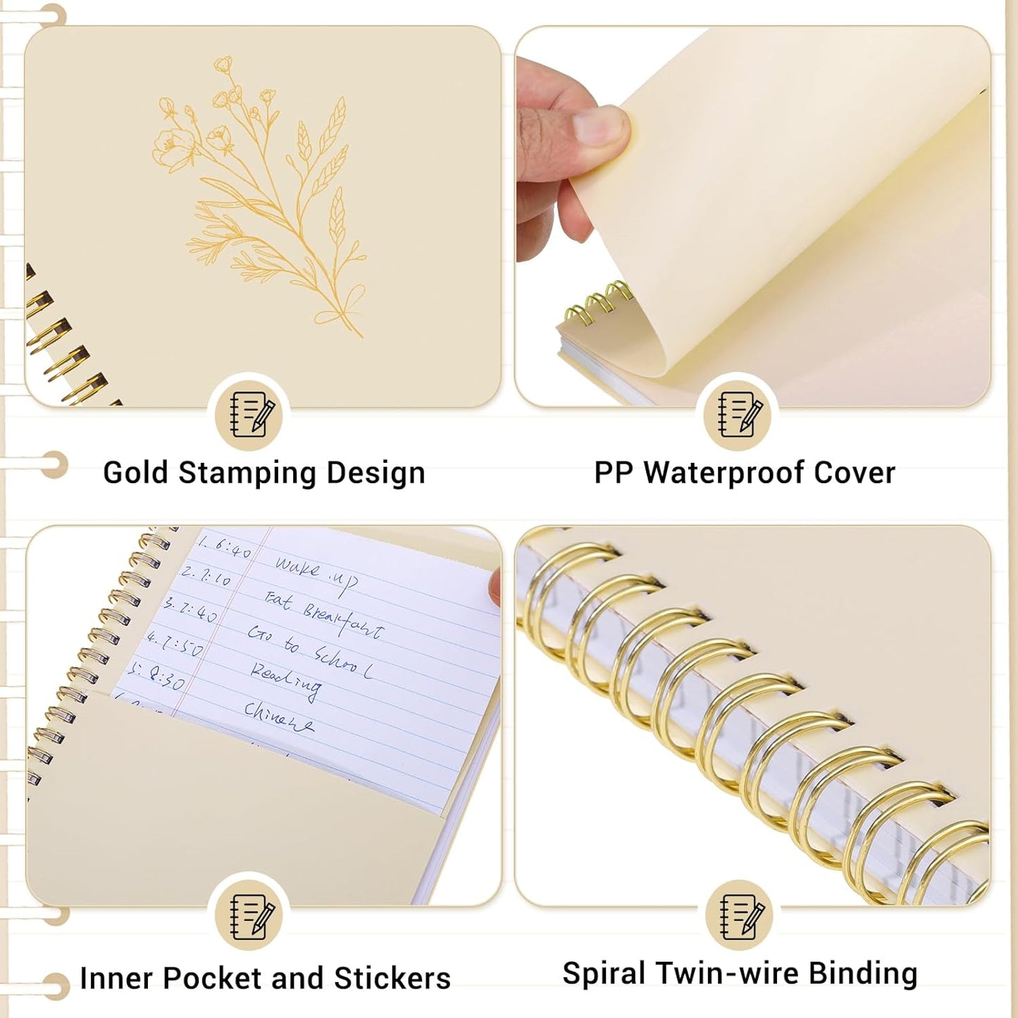 3 Pcs Spiral Notebook 5.9x8.3, 140 Pages Small Notebook for Women A5 College Ruled Journals Cute Notebooks with Large Pockets and Index Stickers for Home School Office Use（Green, Beige, Orange）