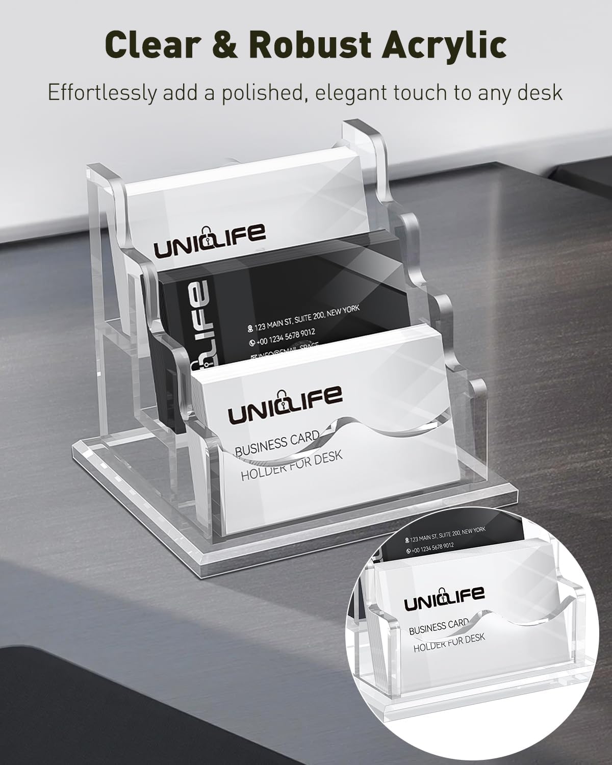 Uniclife Acrylic Business Card Holder for Desk 3 Slots Clear Horizontal Business Card Display Stand for Men & Women Desktop Name Card Organizer Card Stand for Office Home Exhibition, 180 Card Capacity