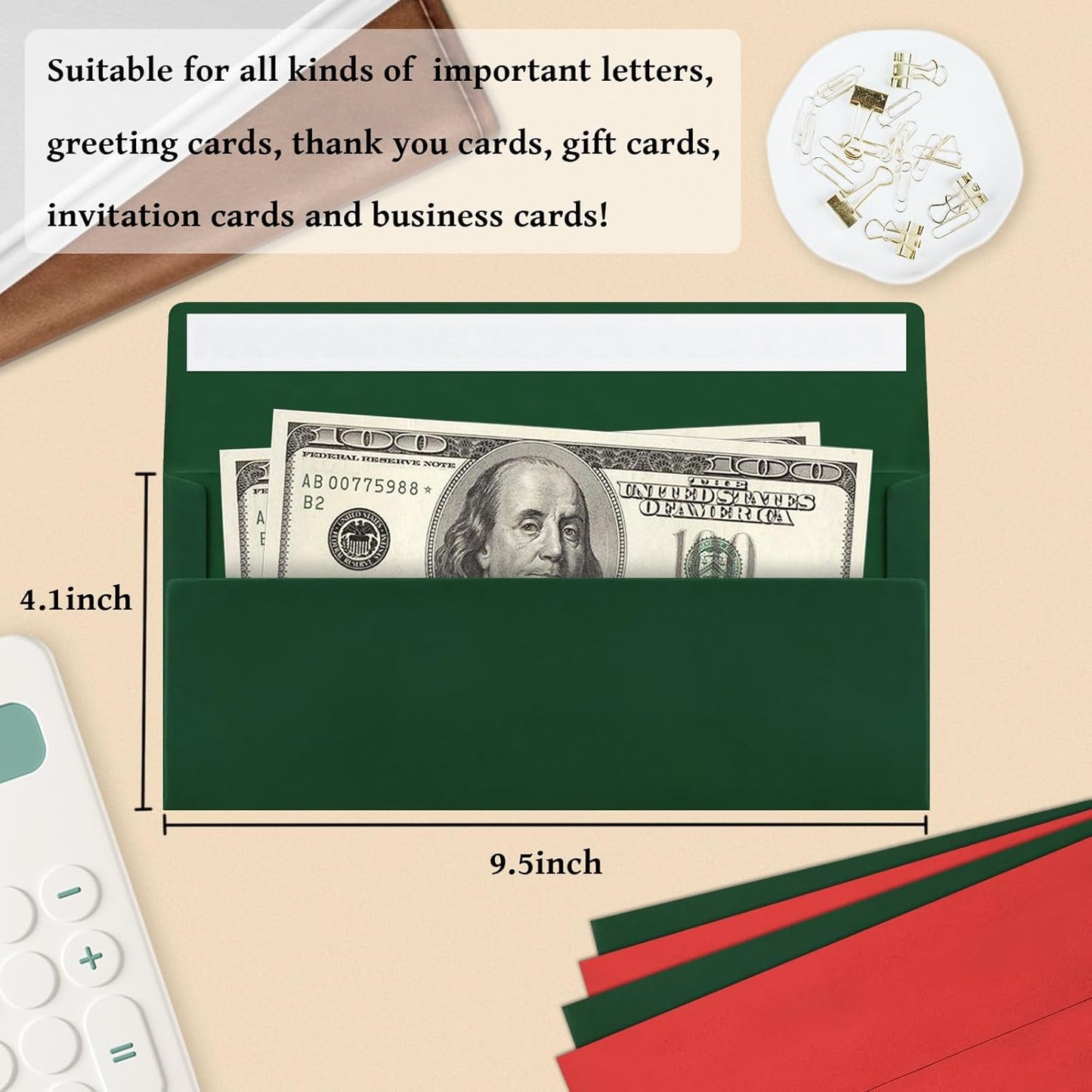 200 Pcs #10 Business Envelopes, 100 Pcs Red and 100 Pcs Dark Green Standard Envelopes Self Seal, Letter Size Mailing Envelopes for Christmas Birthday Graduation Wedding, 4 1/8 x 9 1/2 Inch