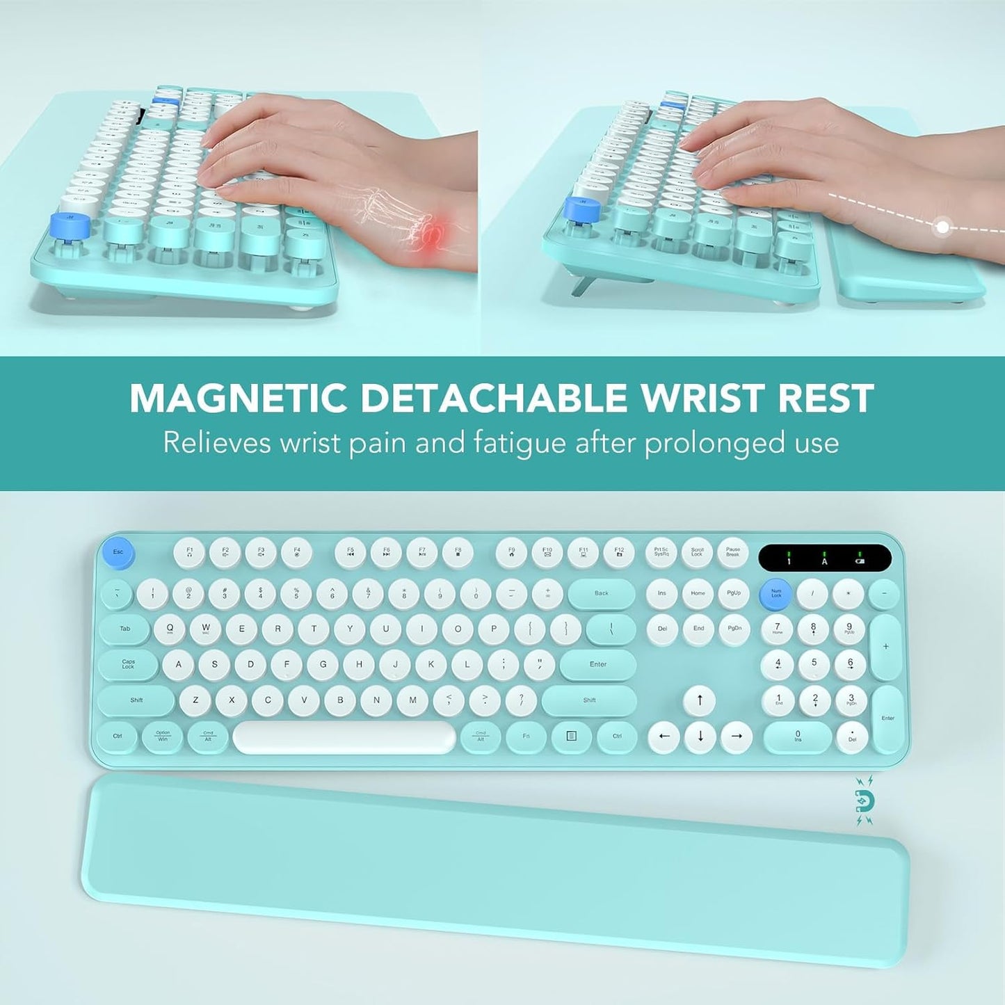Wireless Keyboard, Round Keycaps, Retro Typewriter Keyboard with Detachable Wrist Rest, Sleep Mode, Foldable Legs, 2.4GHz Full-size Cordless Computer Keyboard for Windows/PC/Laptop (Robin Egg Blue)