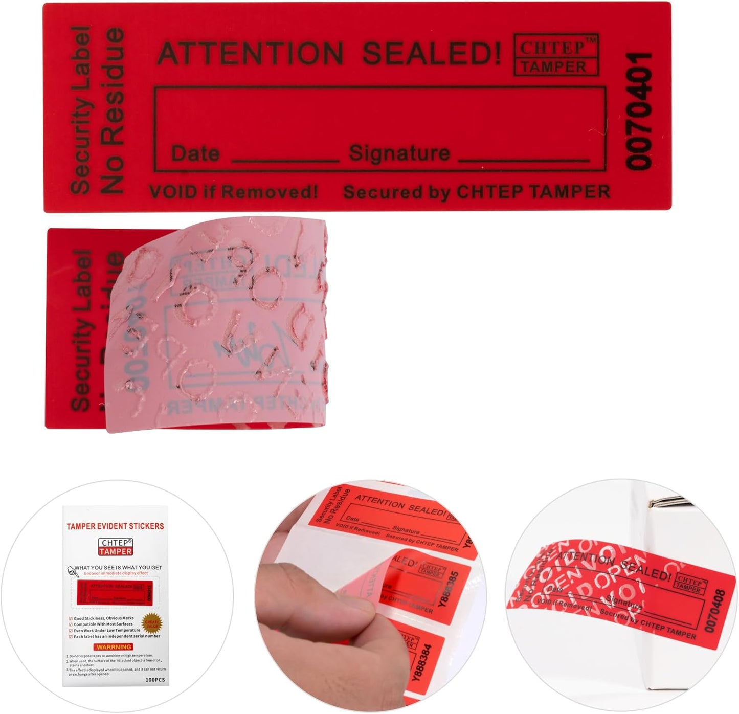 ChtepTamper 100 Pieces No Transfer Tamper-Evident Stickers Security Labels Great for Goods Shipping,Exchange of Agency Files, Privacy Protection or More(Serial Number 0.8 * 2.4inches Red)