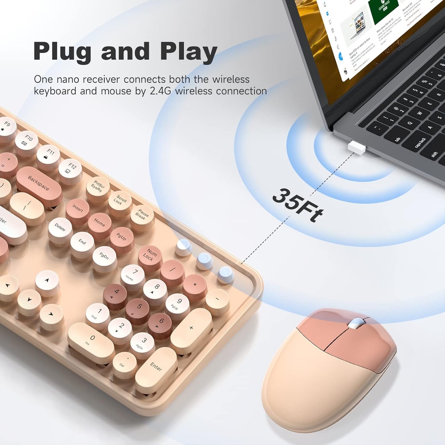 MOFII Wireless Keyboard and Mouse Combo, Milk Tea Colorful Round Key Typewriter Keyboards, 2.4G Full Size Keyboard and Cute Wireless Mice, USB Receiver Plug and Play, for Laptop, PC, Windows