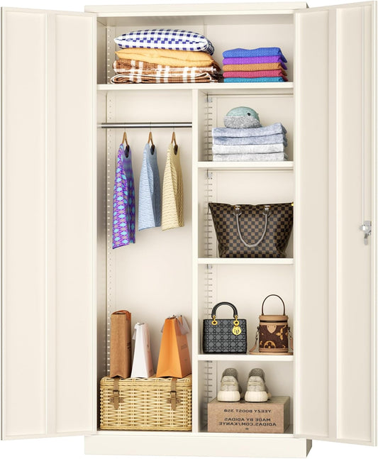 INTERGREAT Metal Storage Cabinet with Lock,72 Tall Armoire Wardrobe Closet with Doors,Cream Grey Storage Closet Cabinet with Adjustable Shelves and Removable Hanging Rods