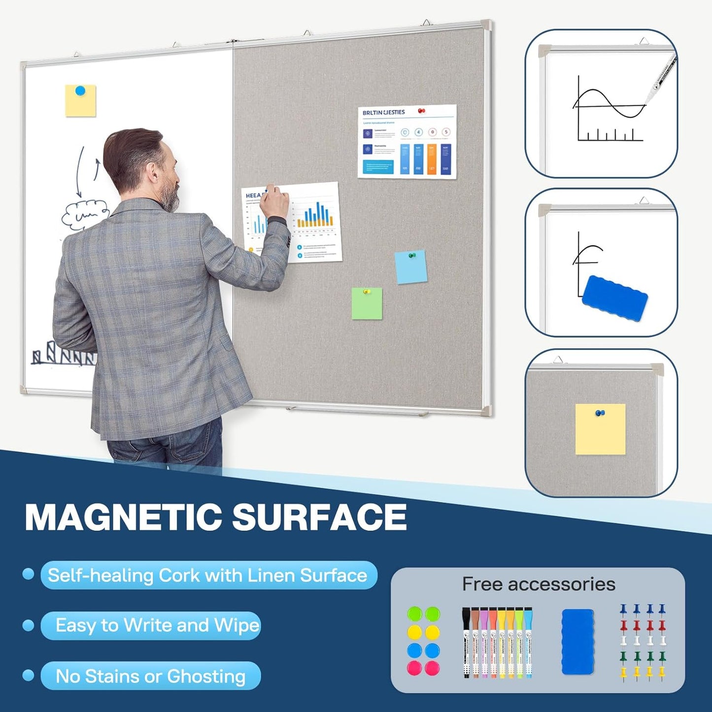 Large White Board Dry Erase Foldable Bulletin Board Combo, 60" x 40" Double Sided Dry Erase Board for Wall, Magnetic Whiteboard Bulletin Board with Linen for Office, Home, School, Kitchen -Gray