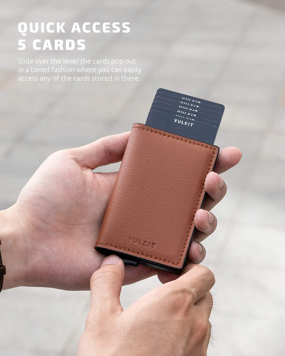 VULKIT Credit Card Holder RFID Blocking Leather Automatic Pop Up Wallet Aluminum Slim Pocket Business Card Case