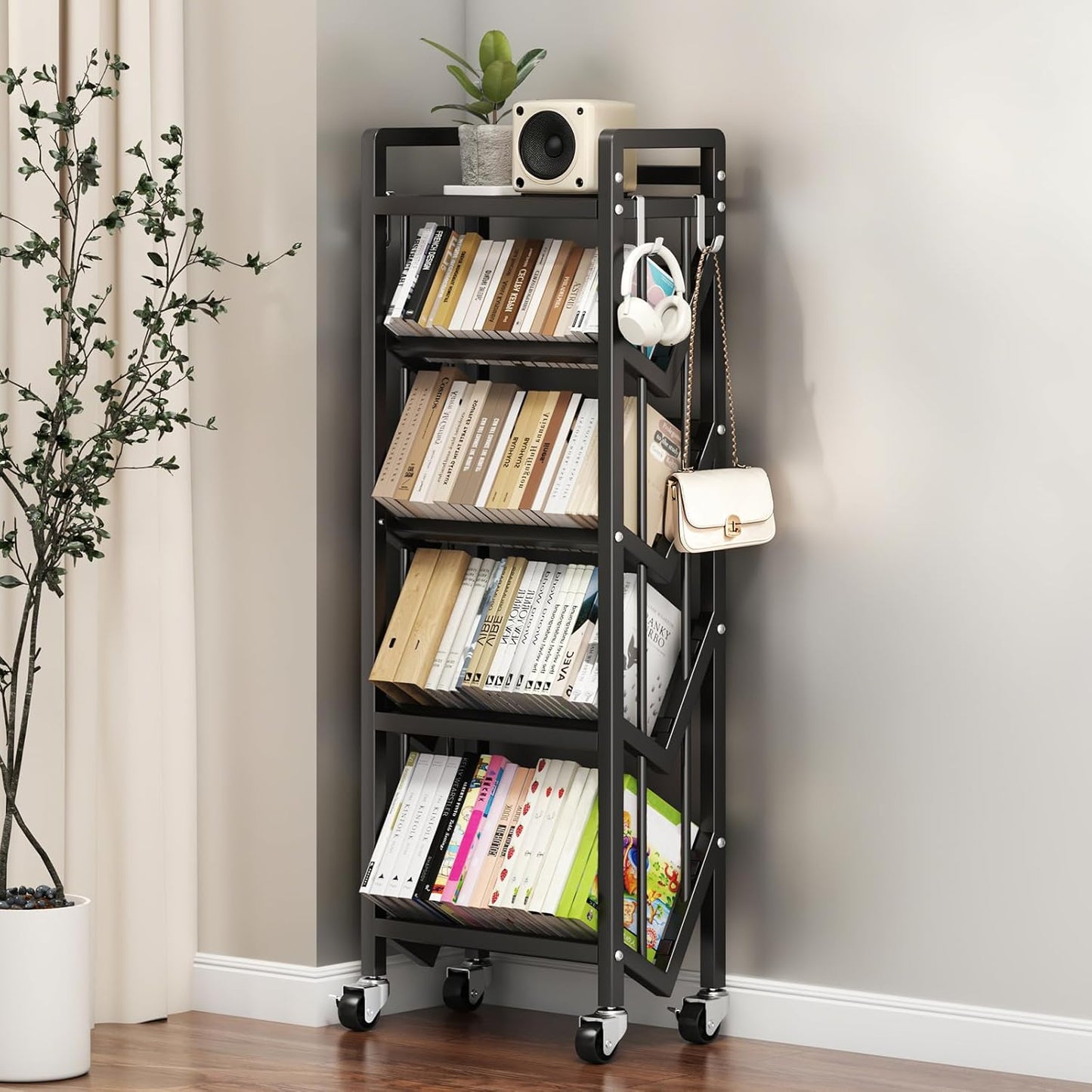 Bookshelf Movable Book Cart Multi-Layer Storage Rack Large-Capacity Rolling Cart L-Shaped Carbon Steel Shelf Suitable for Storing Books, Magazines, Newspapers, Shoes