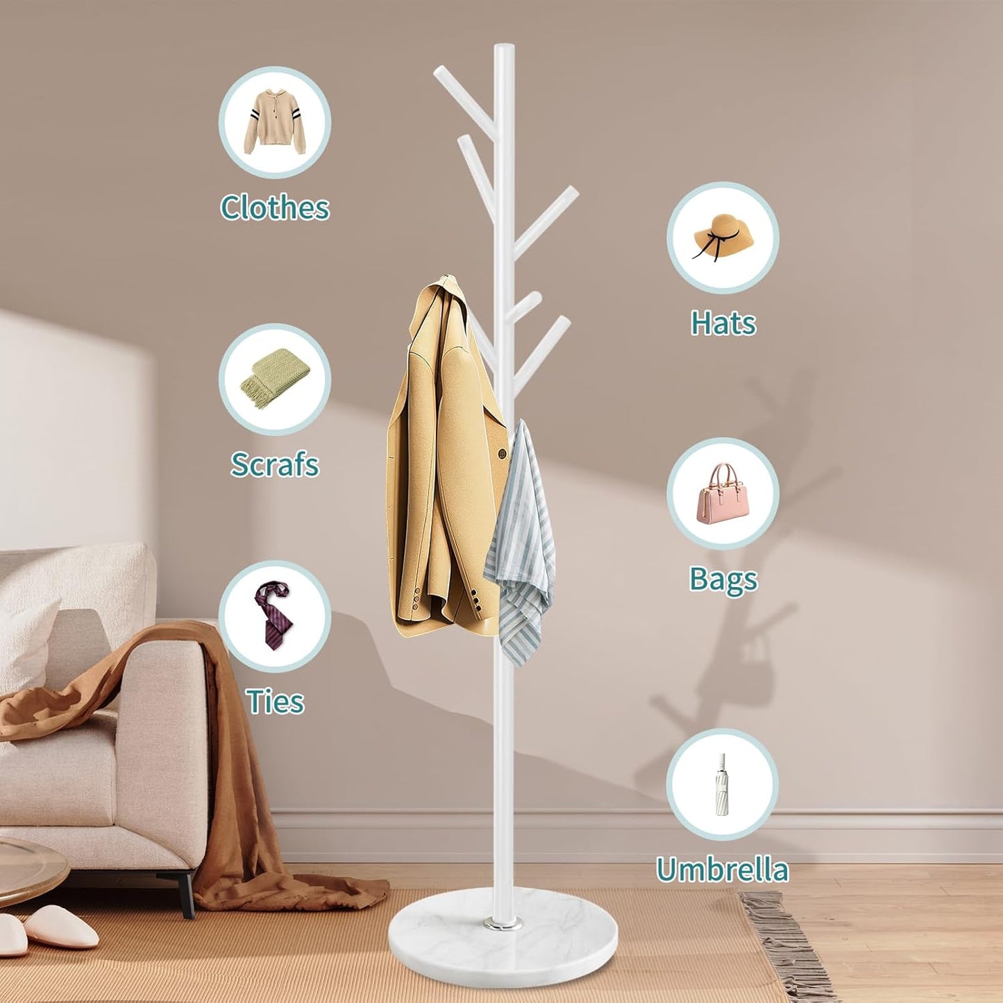 Coat Rack with Natural Marble Base, Metal Coat Racks Freestanding, Modern Coat Rack Stand with 8 Hooks, White Coat Tree Hats Hanger for Entryway, Hallway