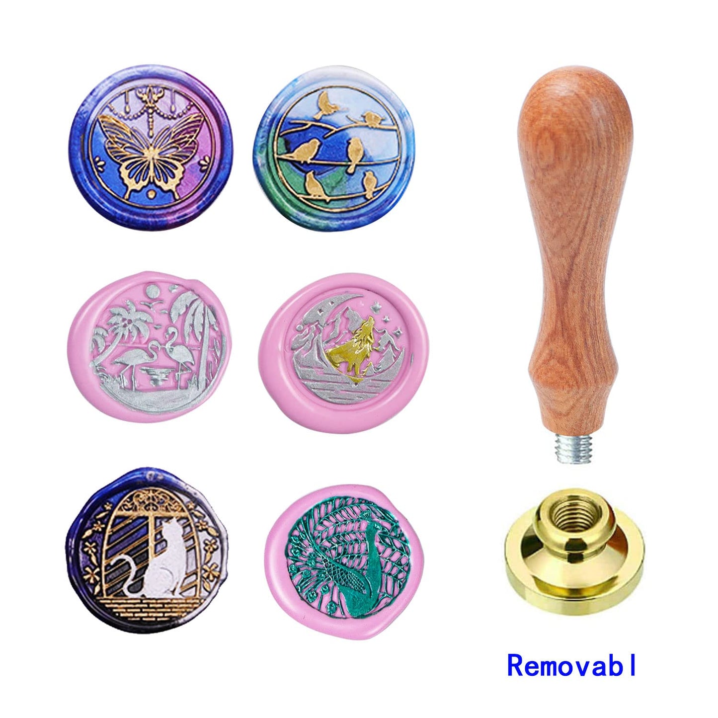 Wax Seal Stamp kit, ANBOSE Animal Wax Seal Stamp Set with 6 PCS Removable Brass Heads and 1 Wooden Handle, Retro Cat Birds Peacock Butterfly Sealing Wax Stamp for Cards Invitations