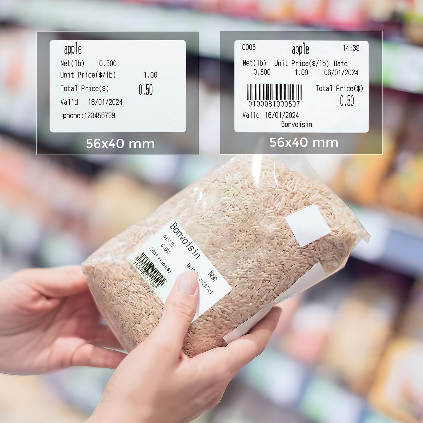 Bonvoisin Printing Scale Label Rolls, 58 X 40 mm, Barcode Label, 12 Rolls Per Case