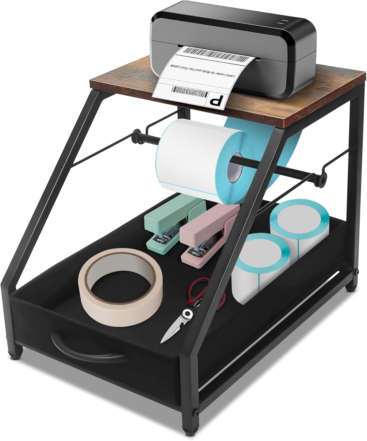Thermal Printer Stand with Drawer, Desktop Label Holder for Rolls and Fan-Fold Labels, Organizer for 4x6 Shipping Label Printer - Home Office & Small Business Essentials