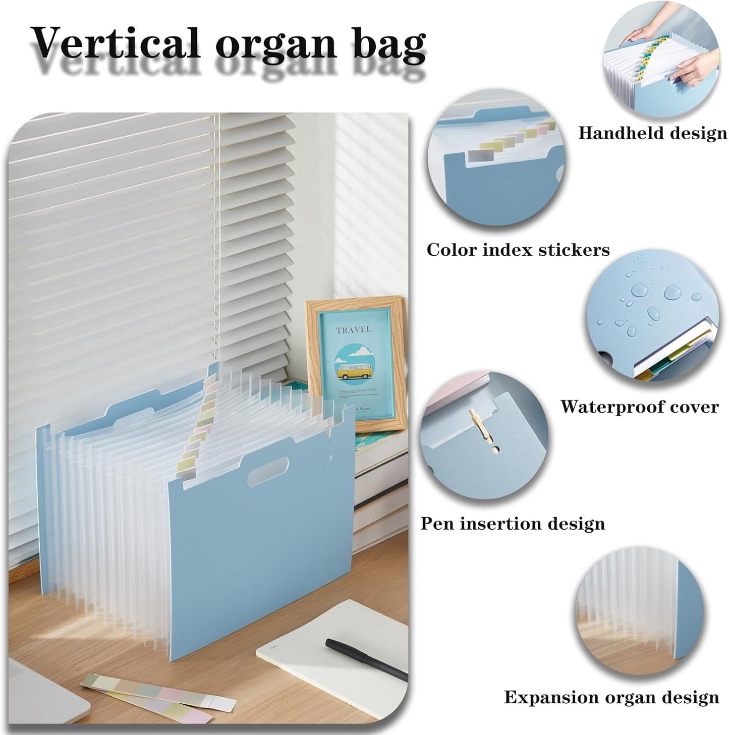 2-Piece Accordion Folder Manager, 12 Grid Expansion Pages, Portable Monthly Bill and Receipt Manager That Opens Upright, Colored Labels, School, Home, and Office letterhead/A4 Size, Sky Blue