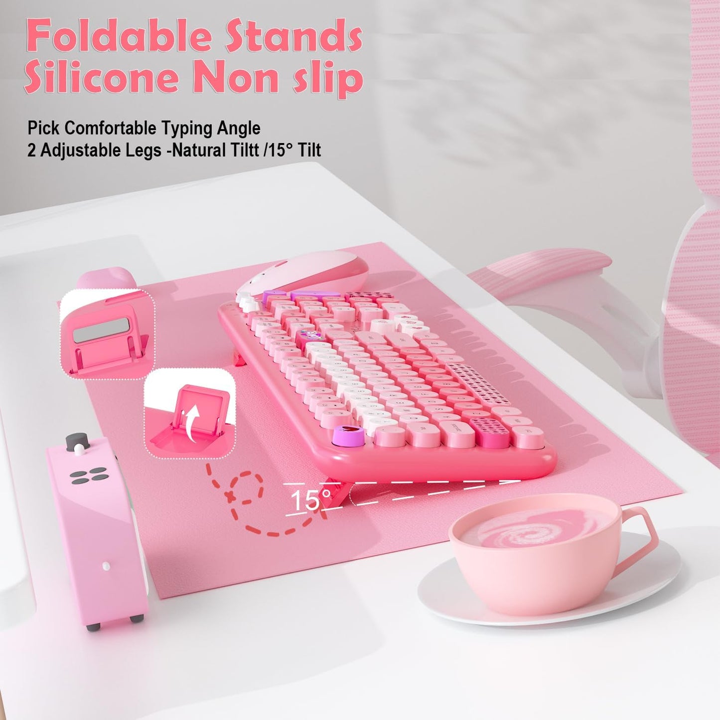 Wireless Keyboard and Mouse,MOFII 104 Round Keys Lovely Full-Size Cute Colorful Keyboard and Mouse with Retro Typewriter for PC/Mac/Laptop/Tablet/Computer/Windows Pink