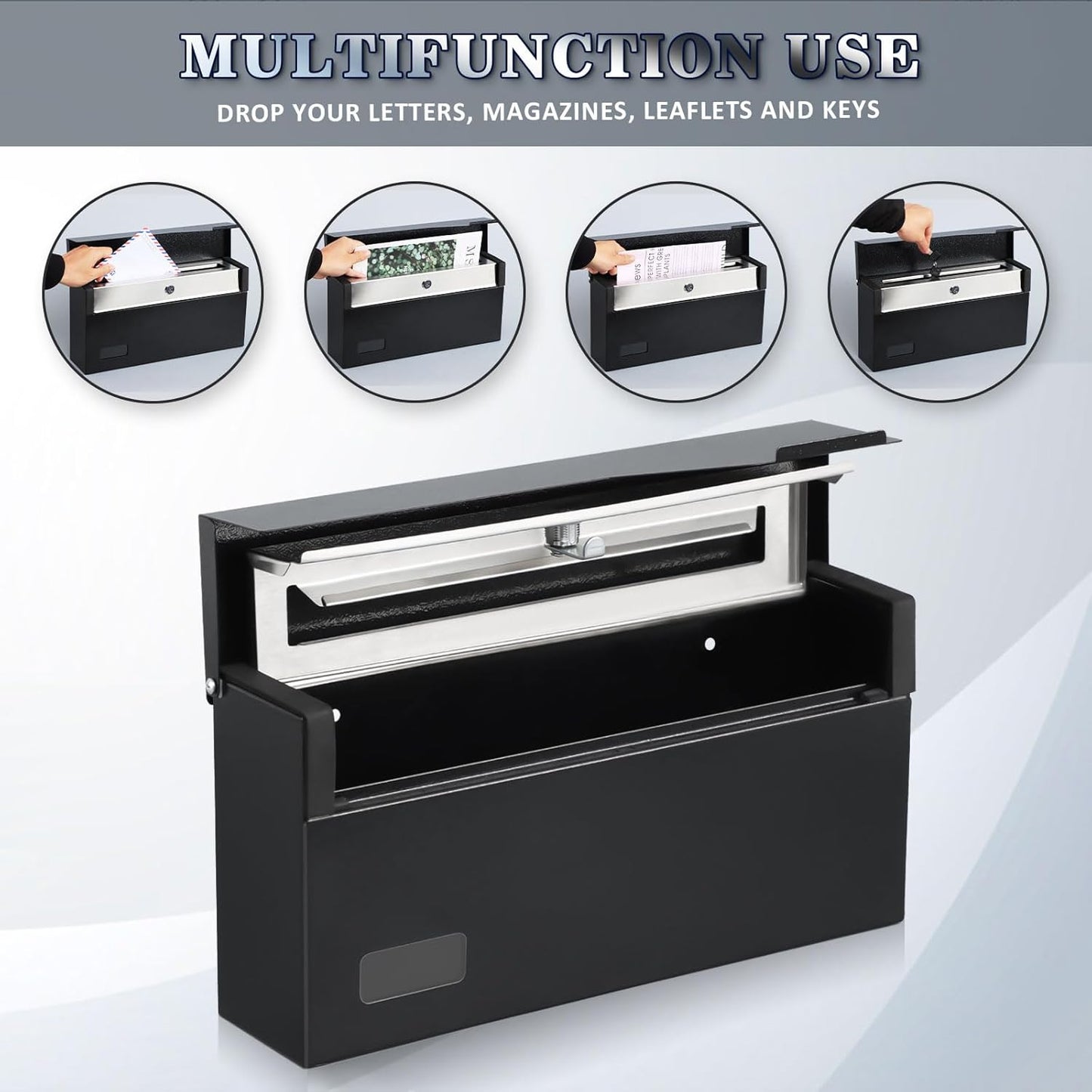 xydled Mailbox with Key Lock, Locking Wall Mount Mail Boxes for Outside, Steel Hanging Metal Mailbox, Modern Post Box, Black, 14.57''x7.09''x3.4''