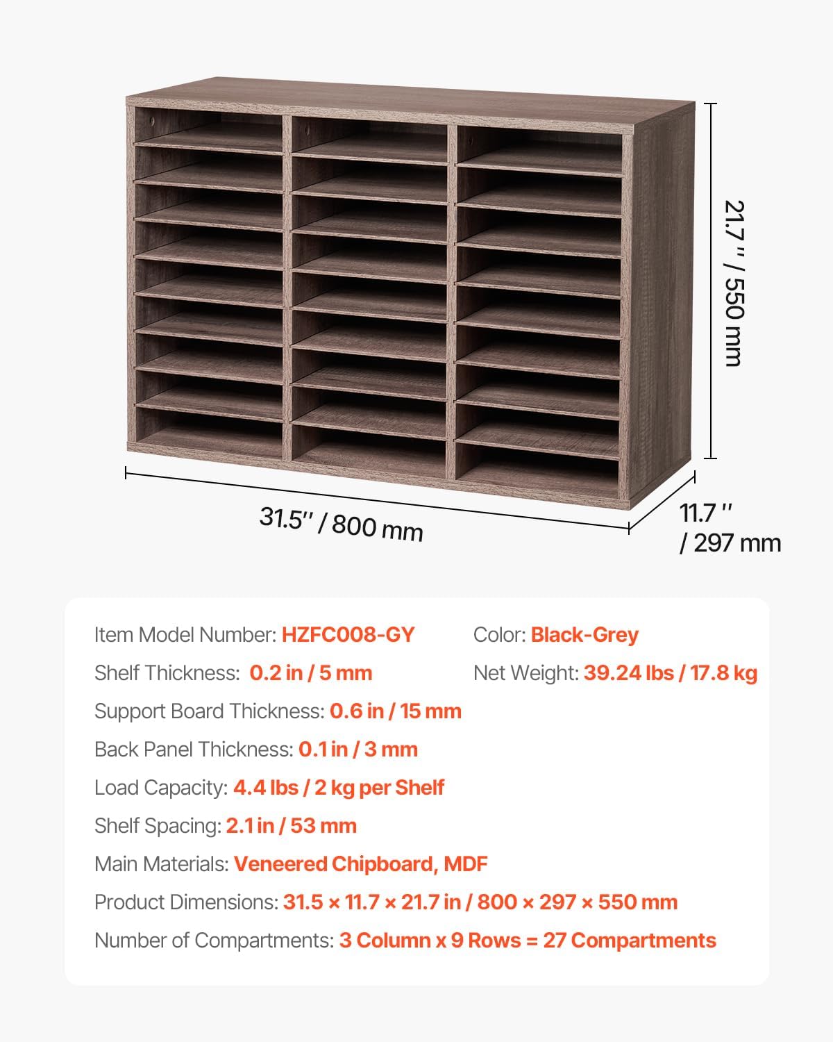 VEVOR Literature Organizer, 27 Compartments Office Mailbox with Removable Shelves, Wood Mailbox Sorter Particle Board Office Home Classroom Storage, File Sorter for File, Document, Paper, Black-Grey