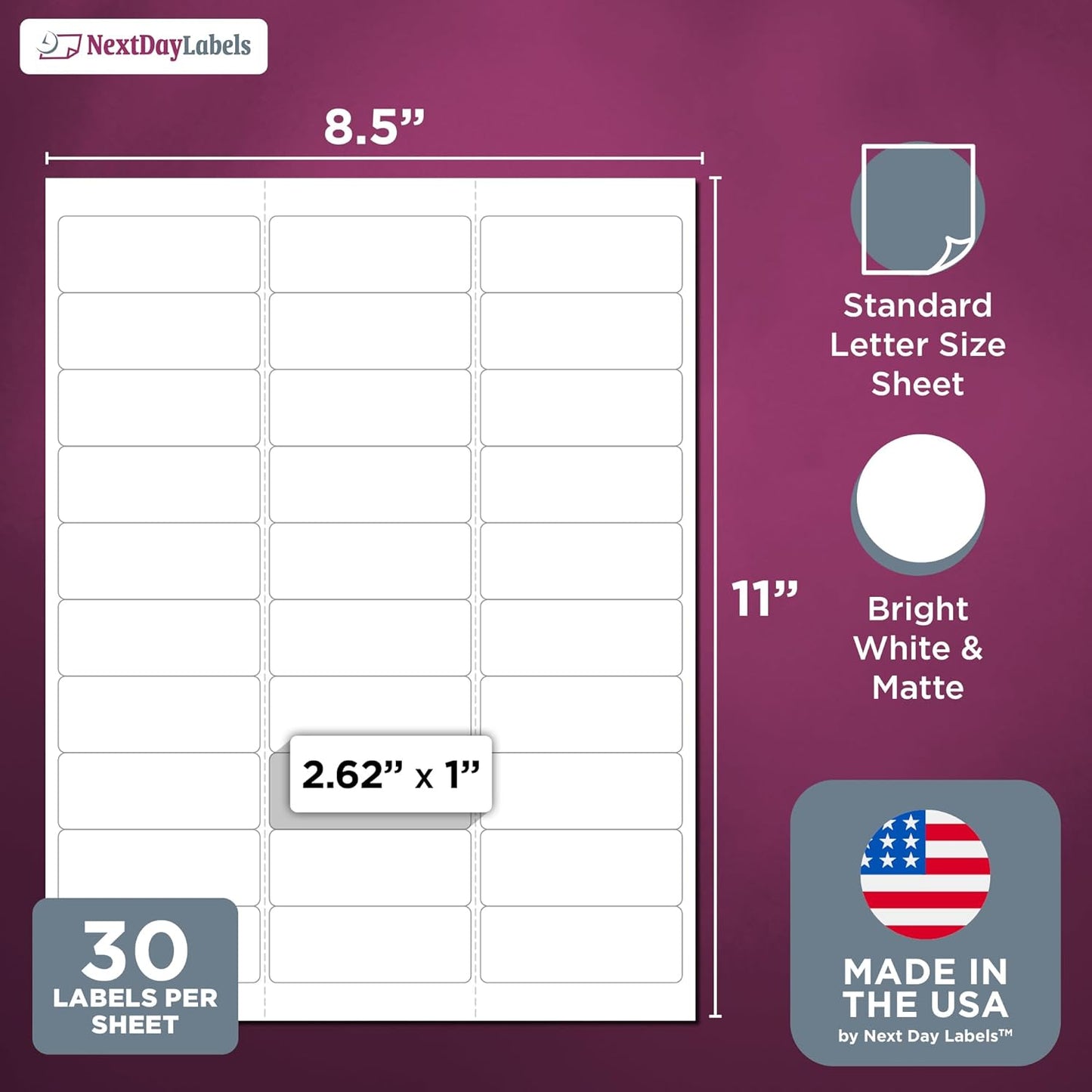 NextDayLabels - Laser/Ink Jet White Labels (2-5/8" x 1" - 30 Per Page | 7,500 Labels)