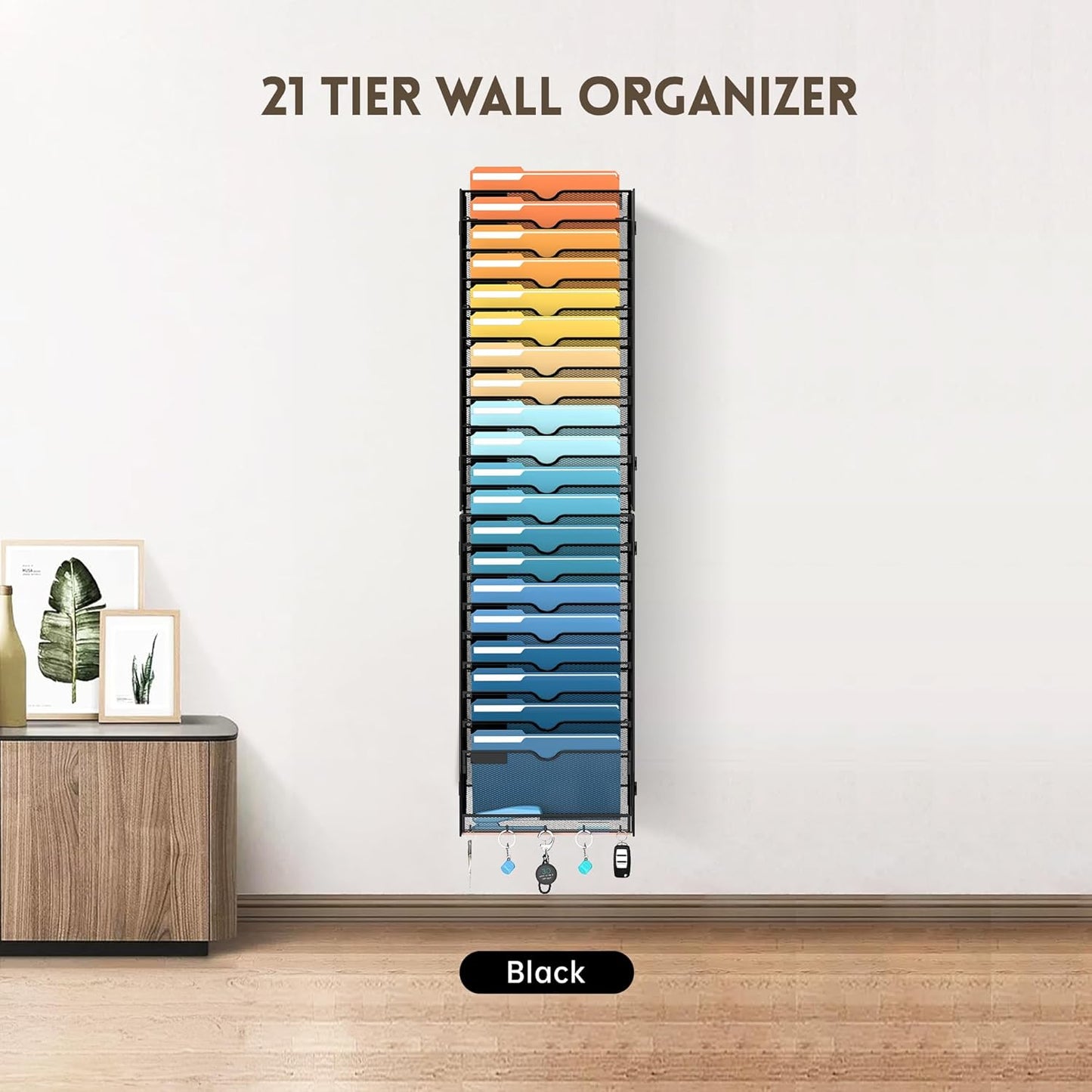 SUPEASY 21-Tier Wall File Holder Organizer with Hooks, Mesh Hanging File Organizer, Mail Organizer Wall Mounted for Papers, Folders, Office Magazine Rack, Assembly Needed, Black