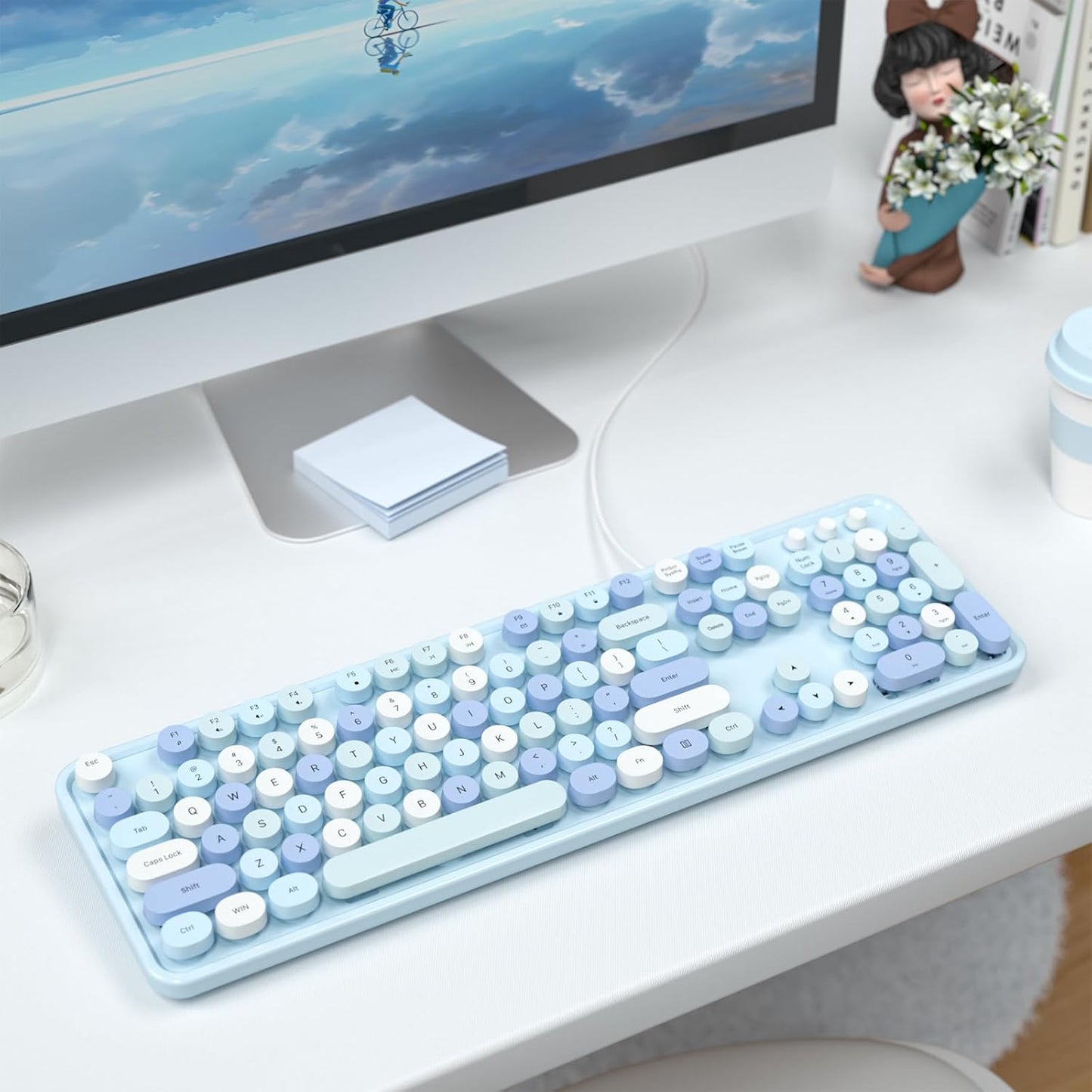 MOFII Computer Keyboards Wired, Plug Play USB Full Size Typewriter Keyboard, Cute Colorful Aesthetic Keyboard with Foldable Stands for Windows PC Laptop (Blue Colorful)