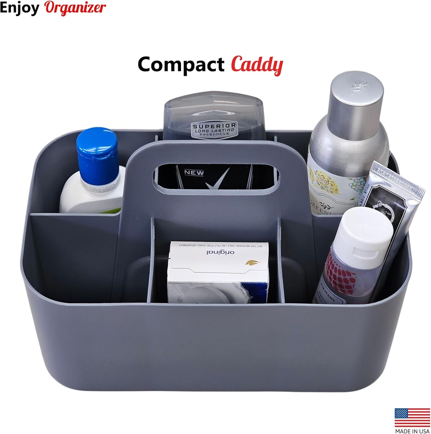 Small Stackable Plastic Caddy with Handle 6 Compartment | Desk, Makeup, Dorm Caddy, Classroom Art Organizers - 4 Pack, Made In USA (Mint/Ivory/Black/Gray)