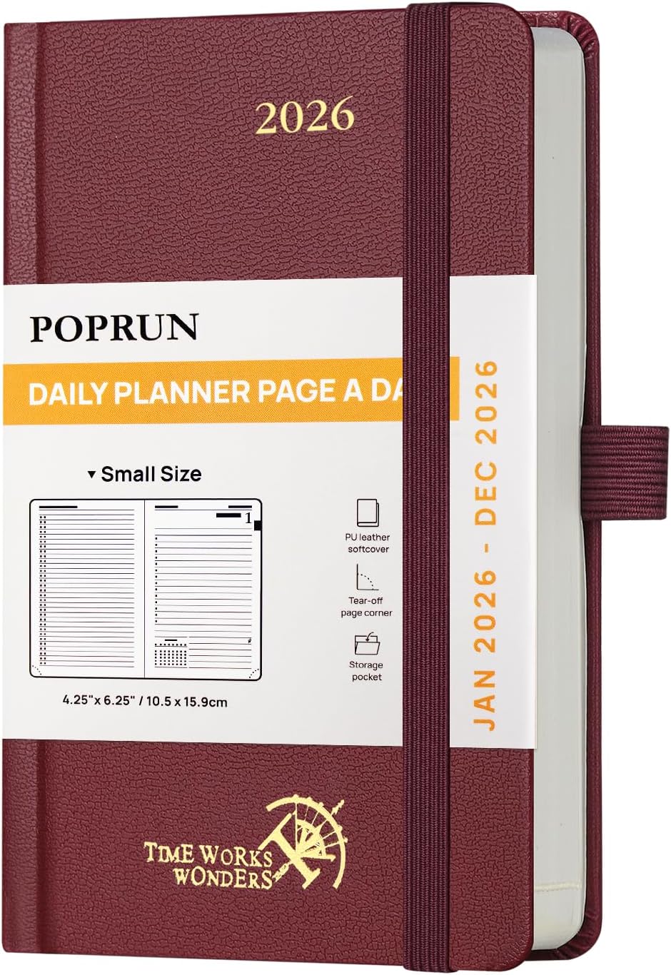 POPRUN 2026 Daily Planner One Page Per Day A6 Size Calendar (4.25" x 6.25") - 12 Months Hourly Appointment Book with Hardcover, Monthly Tabs, Pocket, Pen Holder - Burgundy