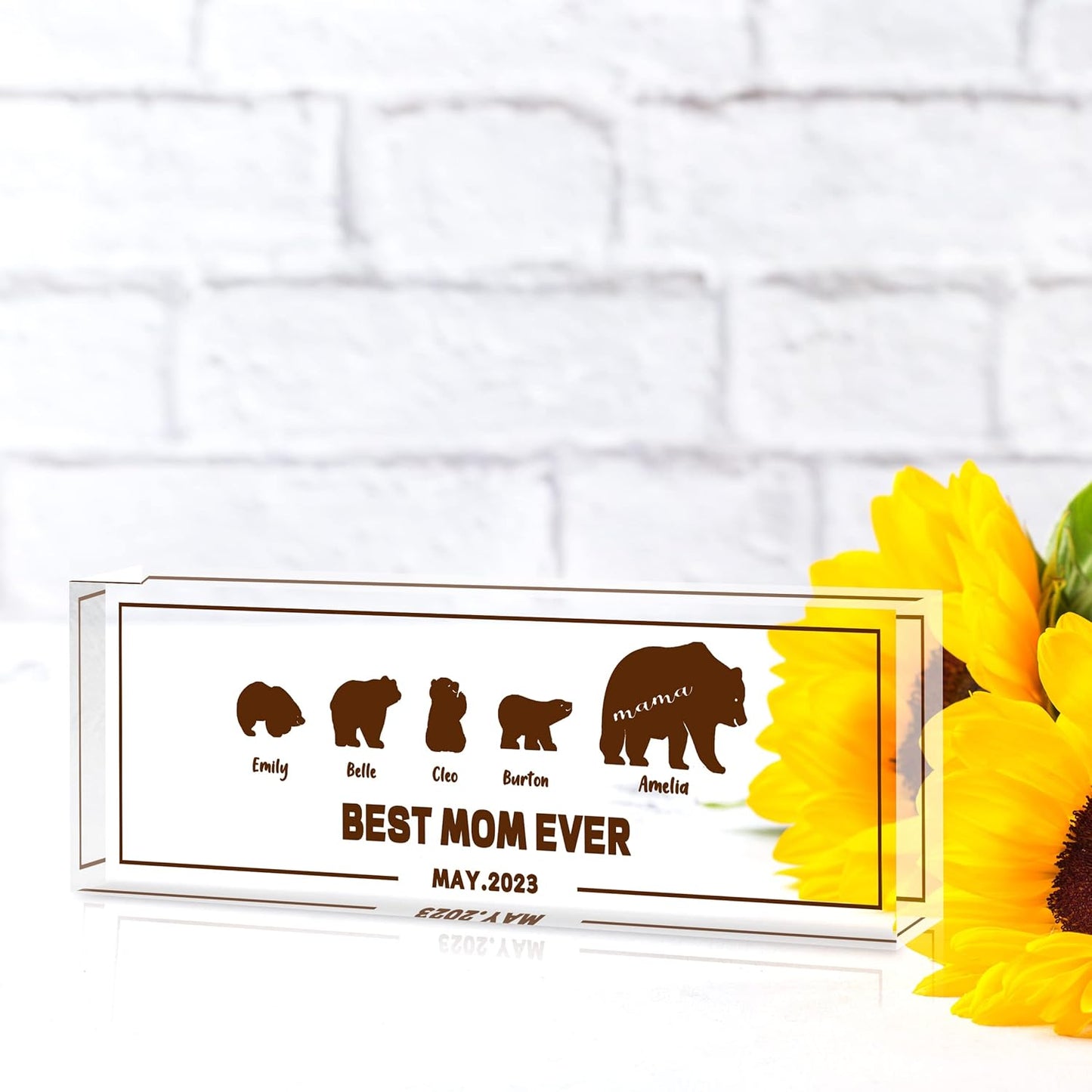 Personalized Office Desk Accessories Gift Mama Bear Family Sign with Names Text Date,Custom Mothers Day Gift from Daughter Son,Clear Glass Acrylic Desk Decor Desk Decorations for Women Office…