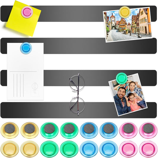 Wukong 4 Pack | 30x3cm(11.81 x 1.18) Magnetic Stainless Black Boards Strips, Adhesive Backing Bulletin Bar Board, Memo Board with 16Pcs Colorful Magnets for Office, Home, Photo Wall, Documents