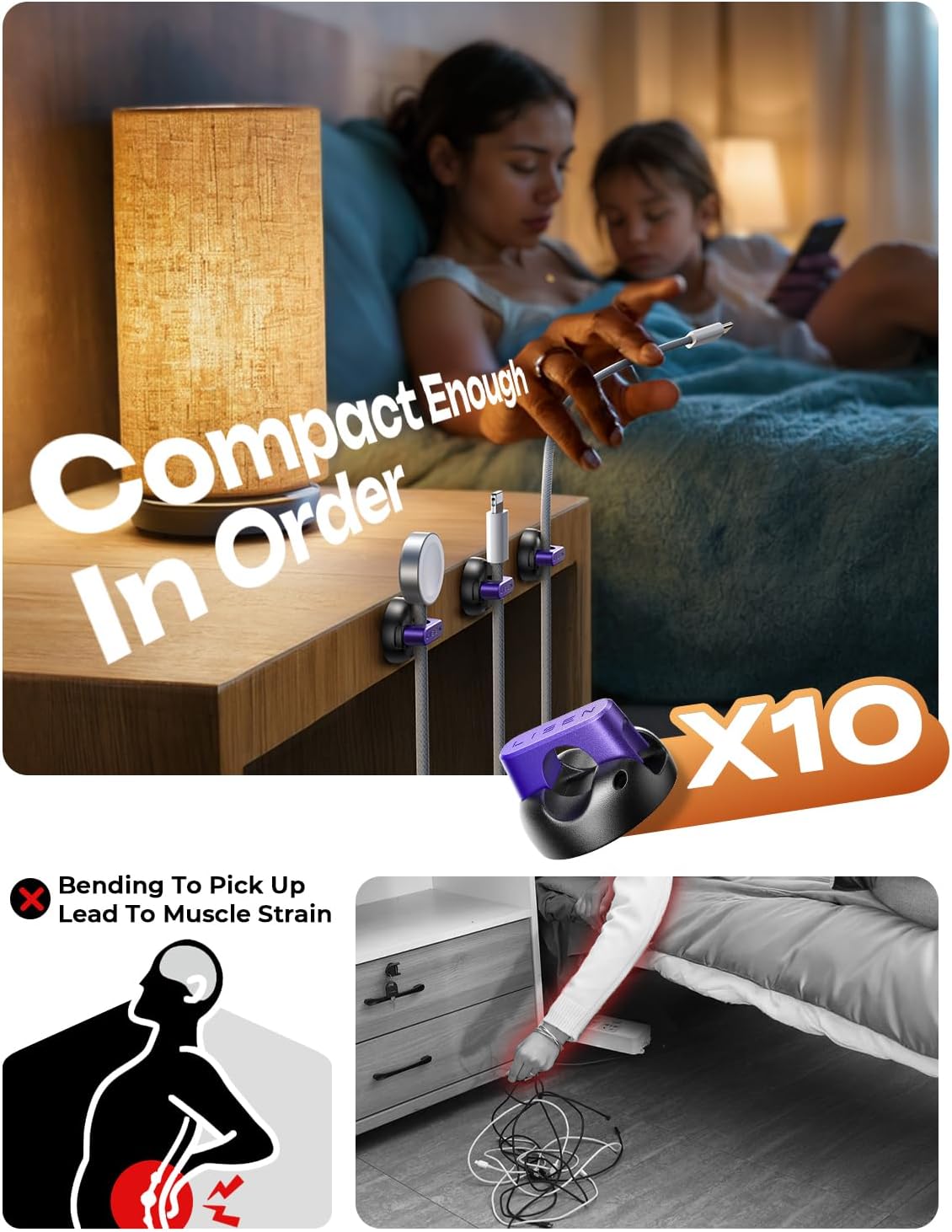 10-Pack Magnetic Cable Clips [1S Snap-On] Cord Holder, LISEN Office Desk Organizers and Accessories with 5 Extra Strong Adhesive Pads, Wire Organizer for Nightstand, Home, Wall, Car, Desktop, Purple