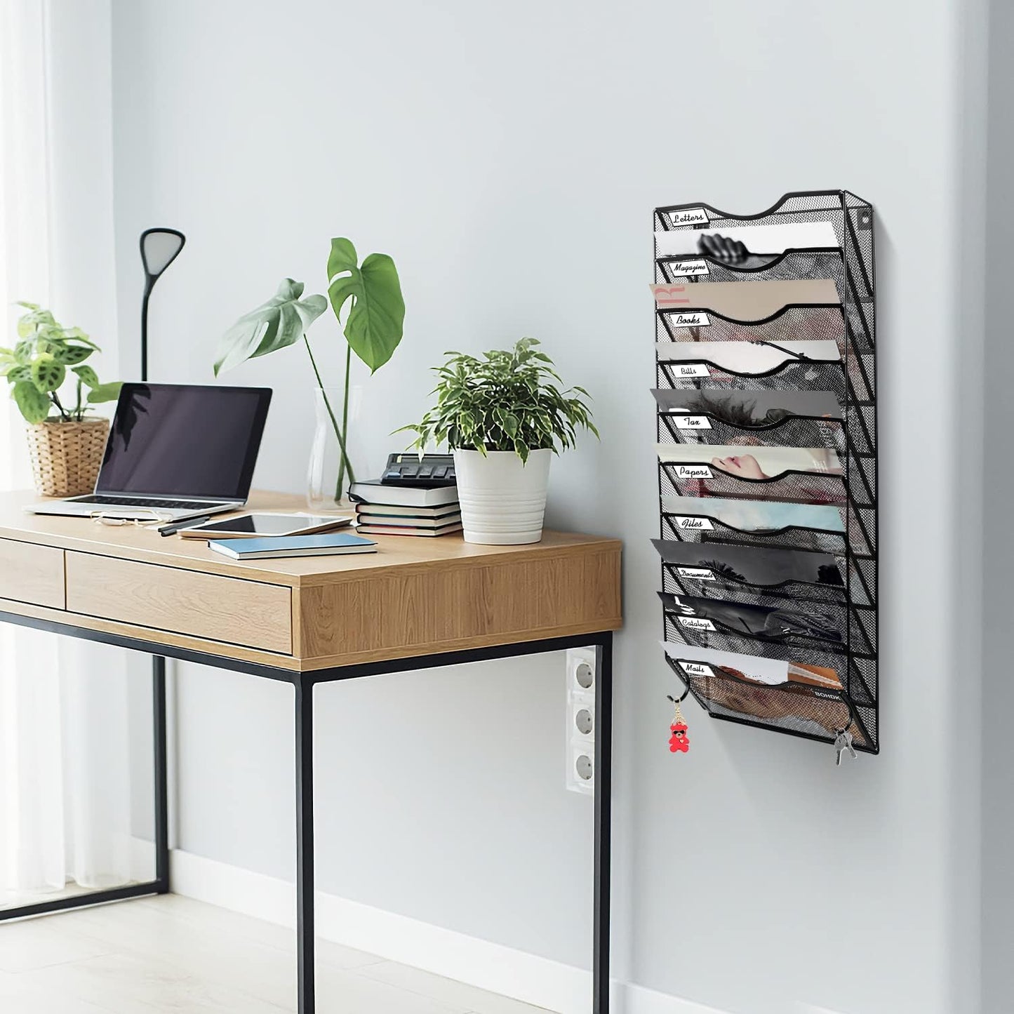 Wall File Organizer, 10 Tire Hanging File Folder Mail Organizer, Vertical Mesh Metal Door/Wall Mount Hanging File Holder, Paper Document Magazine Rack with Hooks for Home Office Black