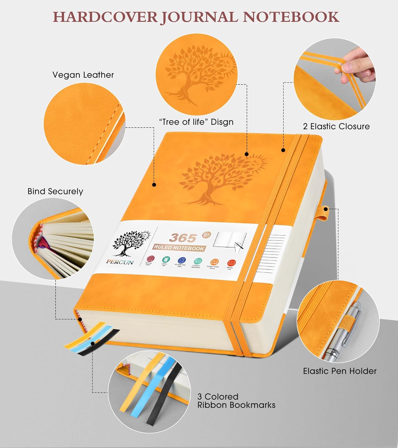 B5 Lined Journal Notebook - 365 Page Large Leather Journals for Writing Women Men，Hardcover Notebook with 100Gsm Thick Pages，Daily Diary for Travel, Work，School，College Ruled (7.6" x 10.3")