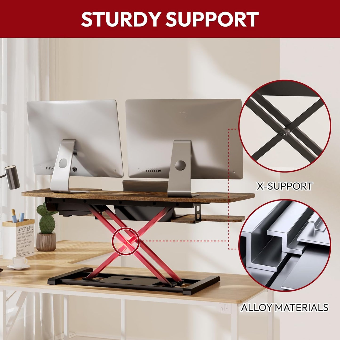 SANODESK Standing Desk Converter with Electric Motor 42" Height Adjustable Riser for Office Home,Dual Monitor and Laptop Workstation with Large Keyboard Tray,Rustic Color