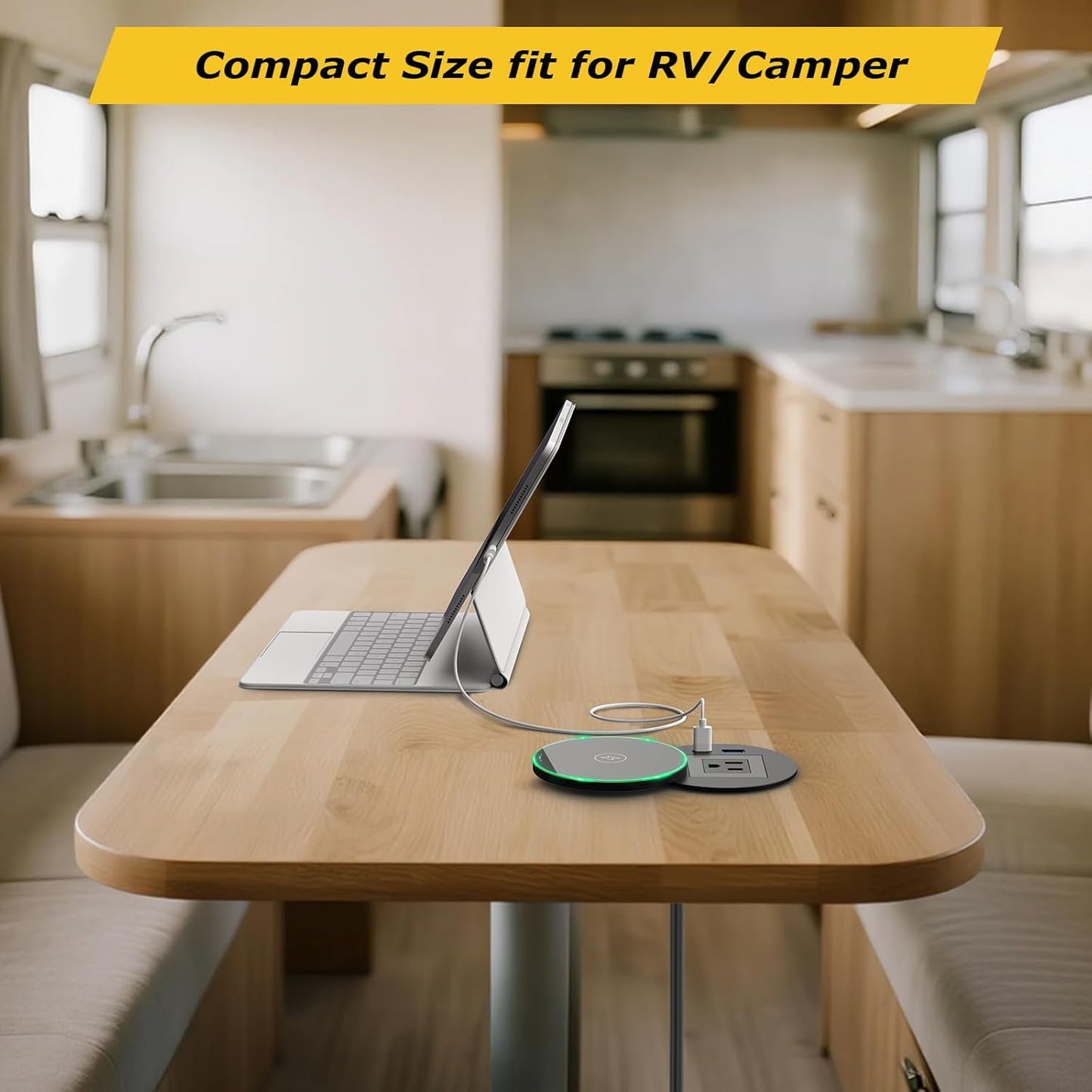 Desk Power Grommet with PD 30W USB C, 15W Wireless Recessed Power Outlets with 1 AC Plugs and 2 USB Ports, Hidden Power Strip for Office Kitchen Cabinet Conference Room